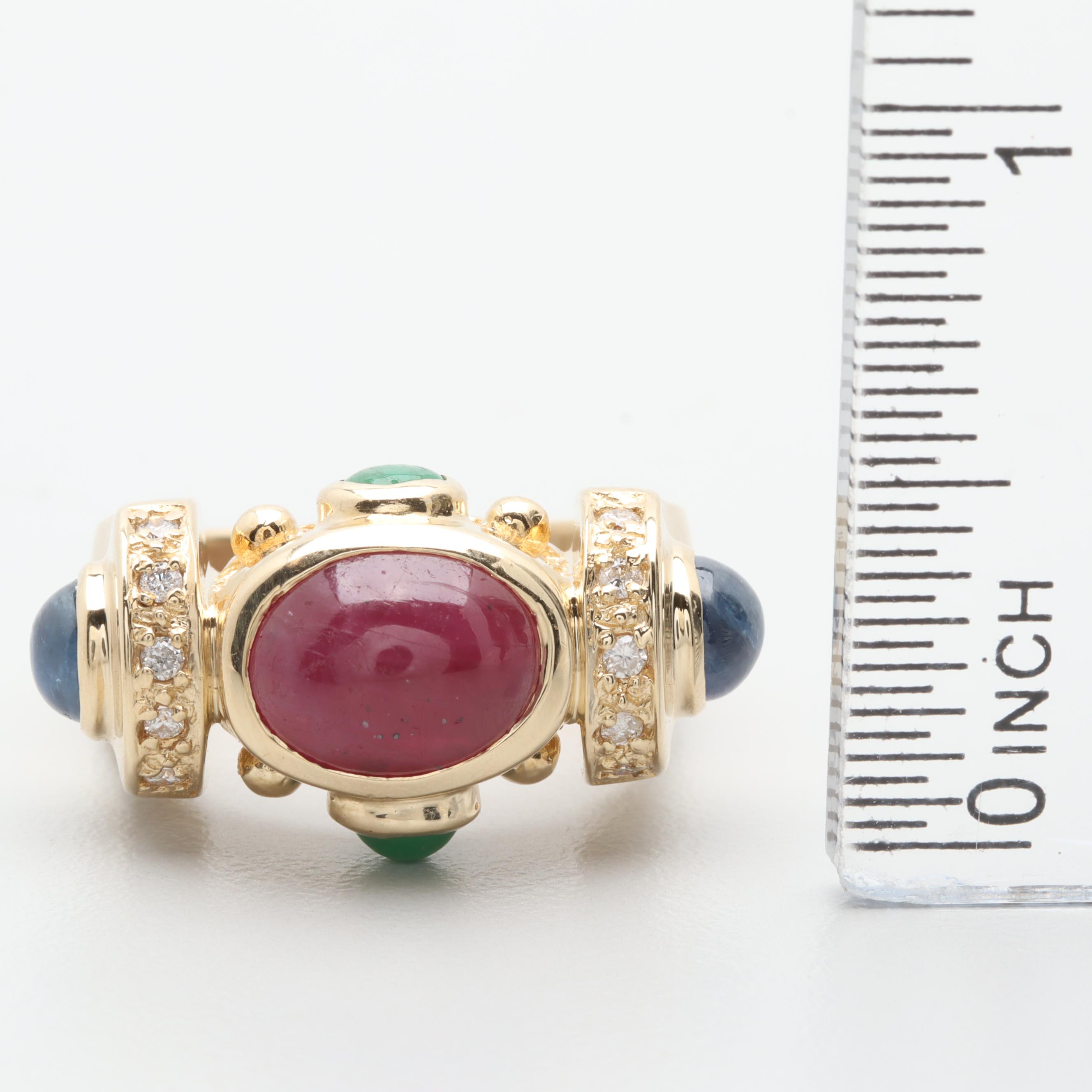 14K Yellow Gold 3.76 CT Ruby, Sapphire, Emerald and Diamond Ring