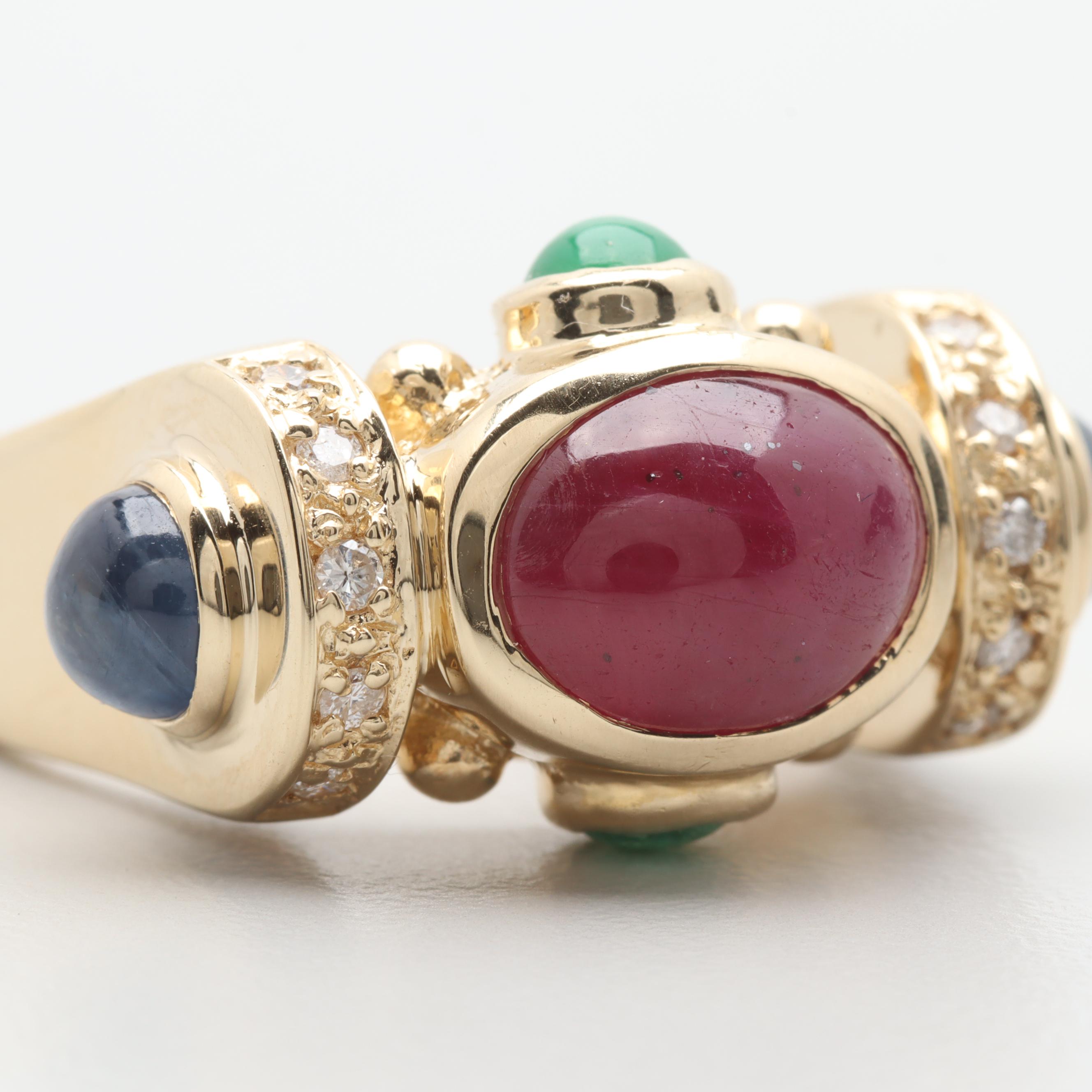 14K Yellow Gold 3.76 CT Ruby, Sapphire, Emerald and Diamond Ring