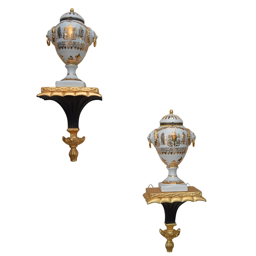 Jean Reed's Porcelain Urns with Black and Gold Neoclassical Corbels