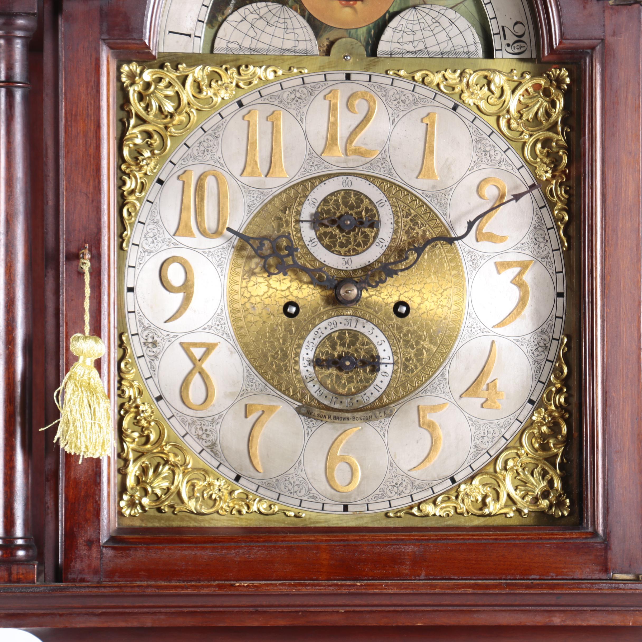 American Mahogany Tall Case Clock by Nelson H. Brown of Boston, Circa 1900