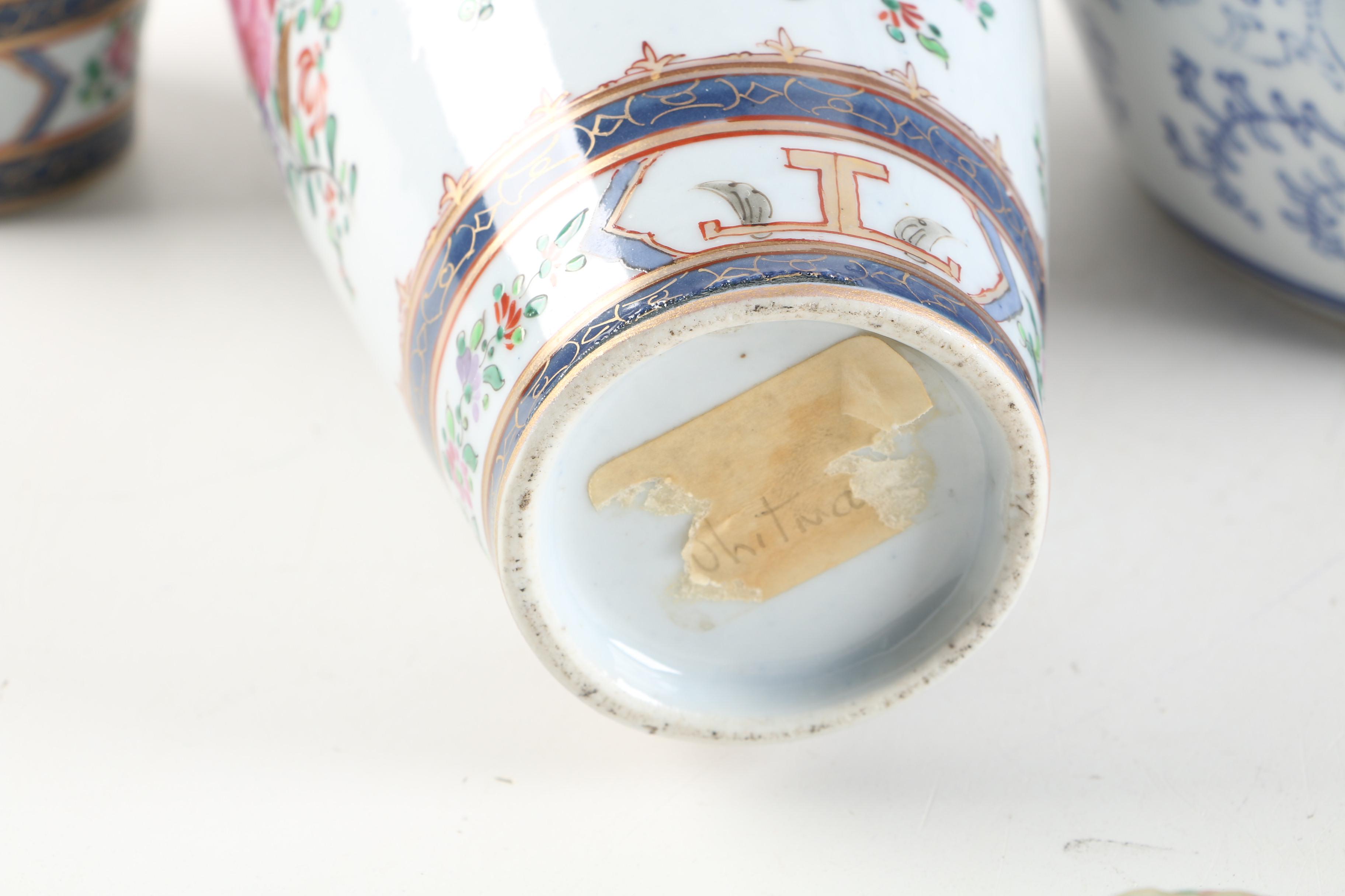 Sampson Style Lidded Armorial Vases and Chinese Blue and White Jar