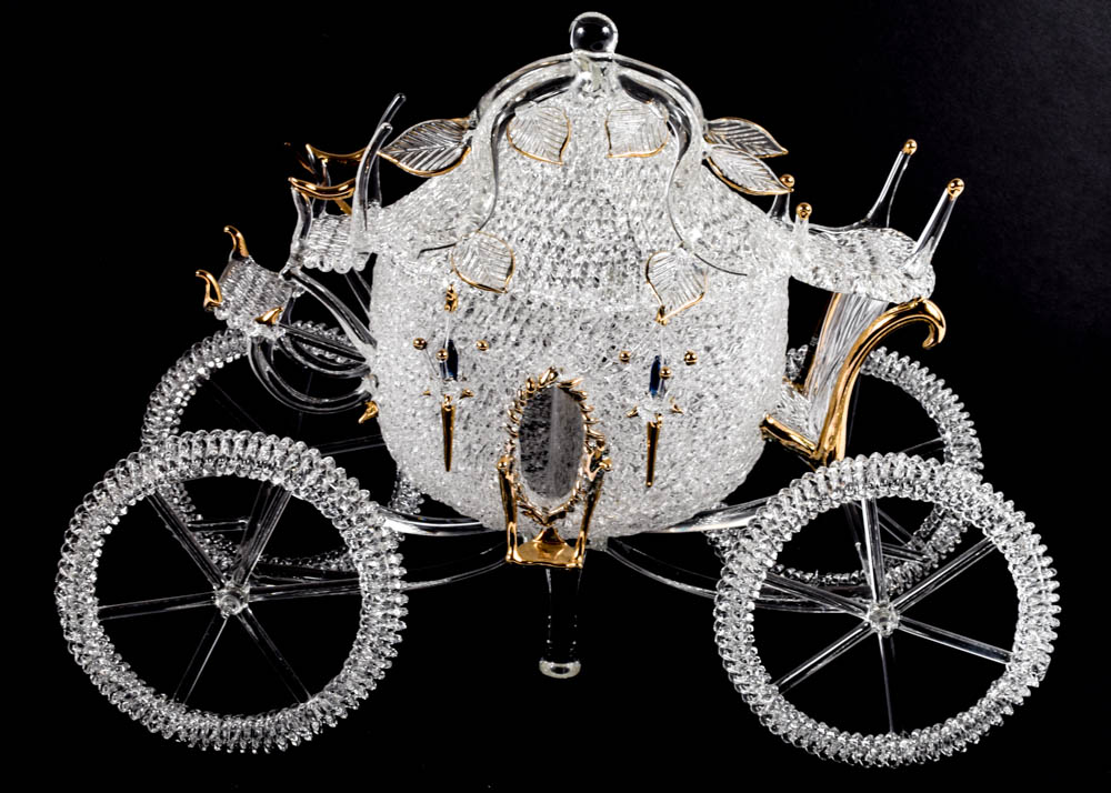 Elaborate Blown Glass Horse Drawn Carriage Sculpture