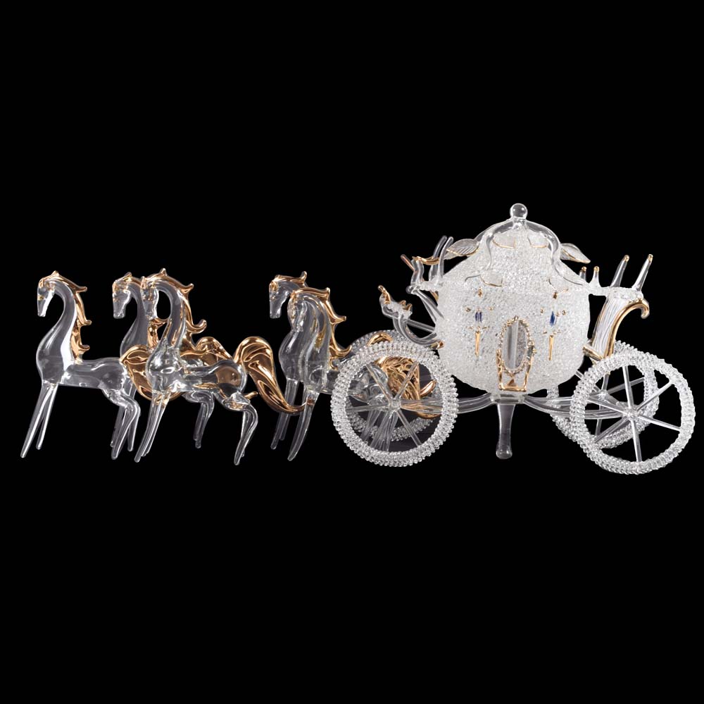 Elaborate Blown Glass Horse Drawn Carriage Sculpture