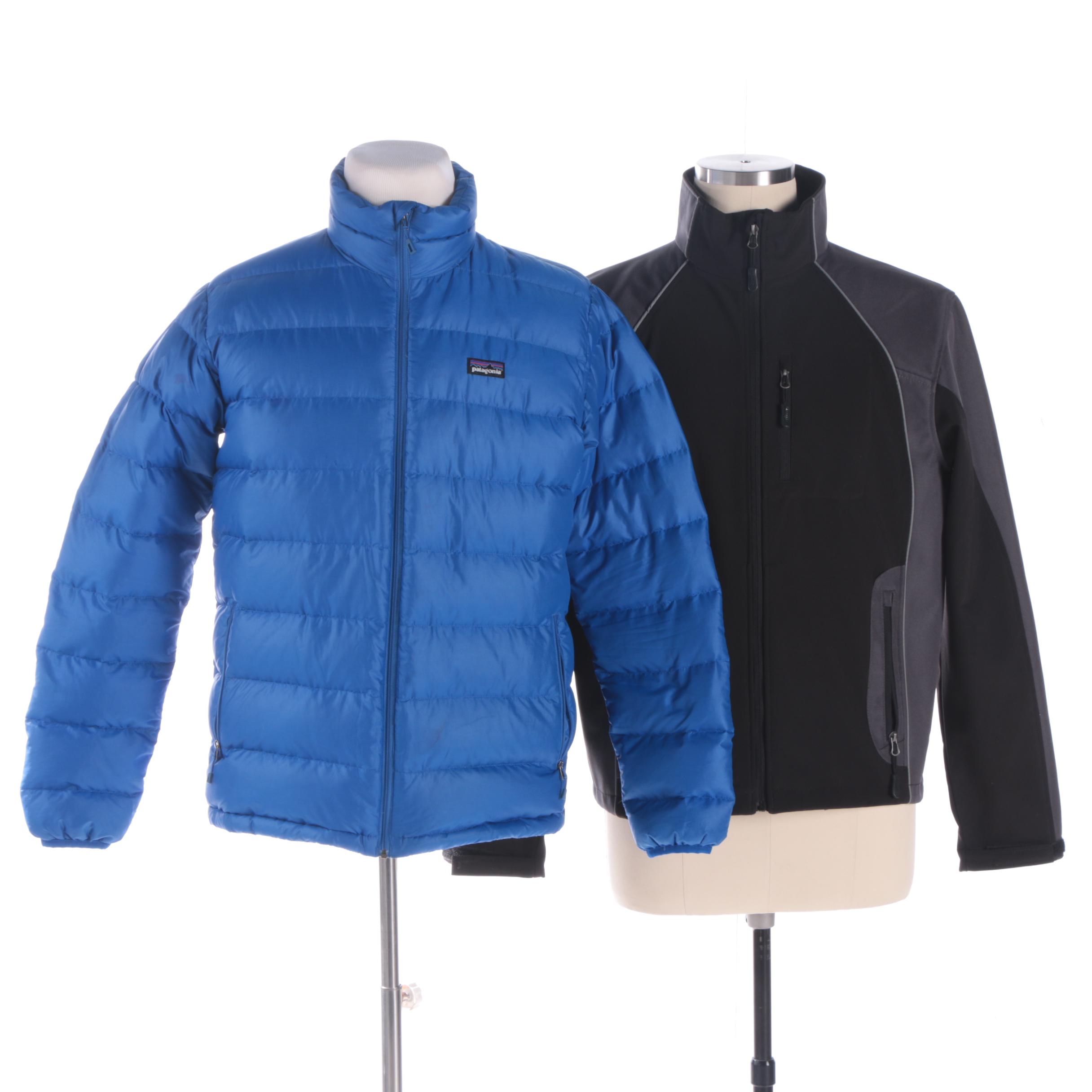 Men's Patagonia Blue Puffer and Dutch Harbor Gear Black and Grey Jackets