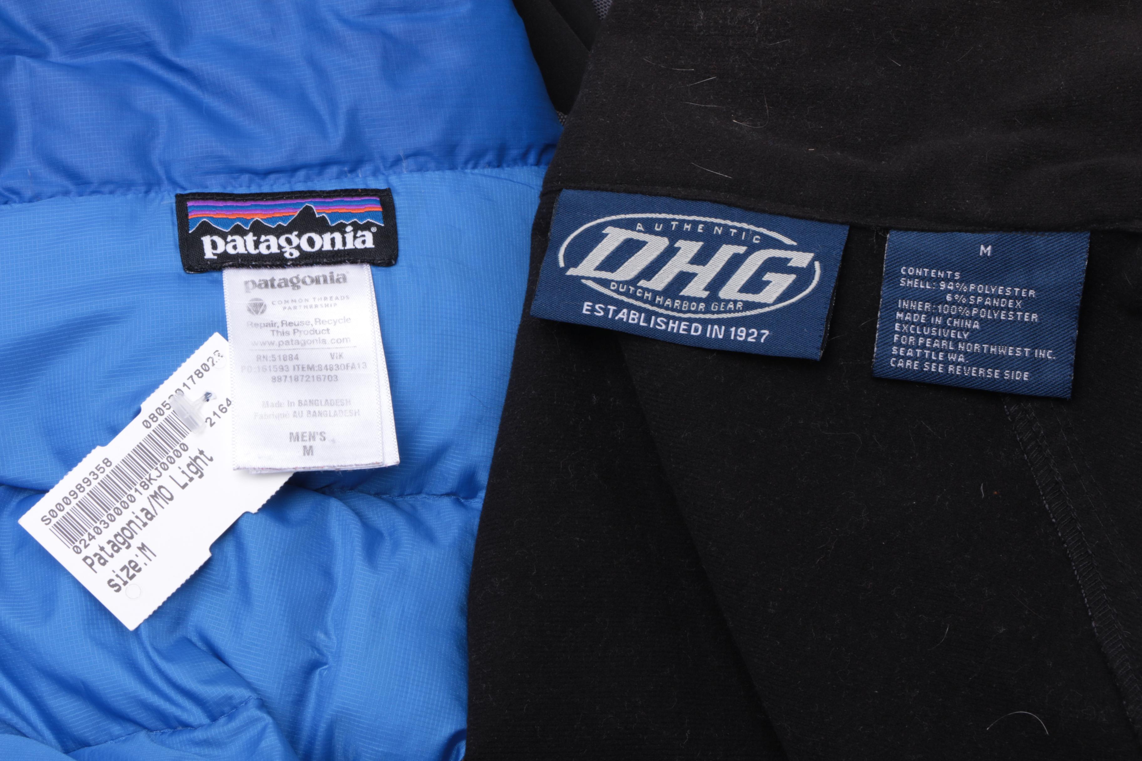 Men's Patagonia Blue Puffer and Dutch Harbor Gear Black and Grey Jackets