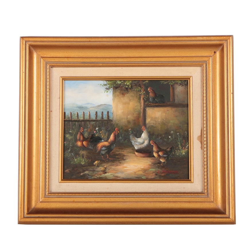 L. Parker Oil Painting of Farm Scene with Chickens