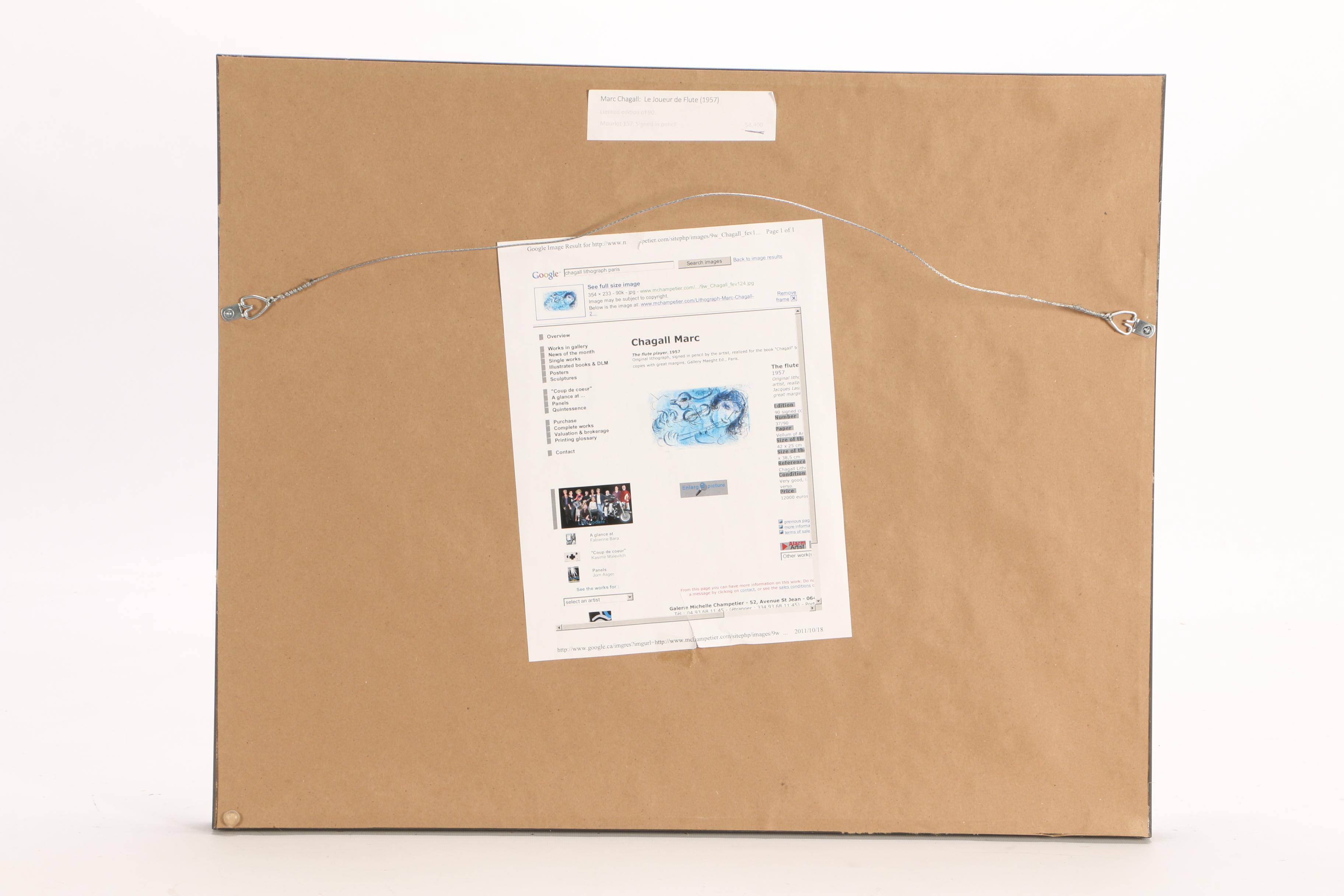 Marc Chagall 1957 Limited Edition Lithograph "The Flute Player"