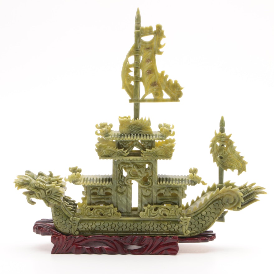 Chinese Carved Serpentine Dragon Motif Ship