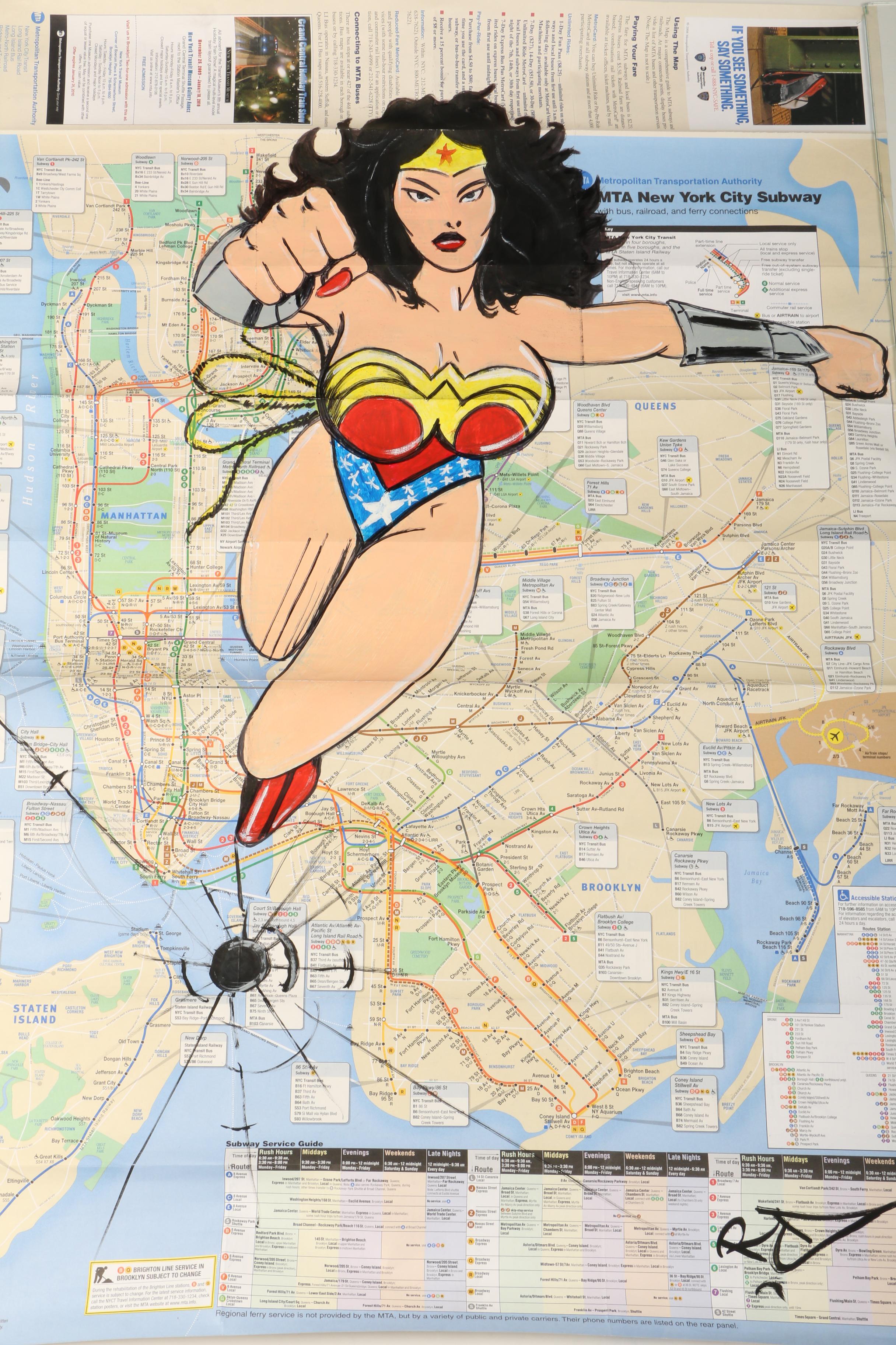 RD 357 Acrylic Graffiti Style Painting "Wonder Woman" on New York Subway Map