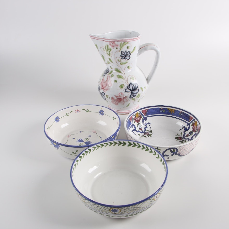 Portuguese Hand-Painted Serving Bowls and Pitcher Including Casafina