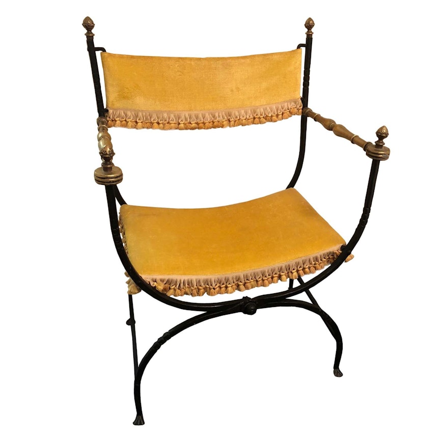 Wrought Iron and Brass Neoclassical Curule Armchair with Velvet Upholstery