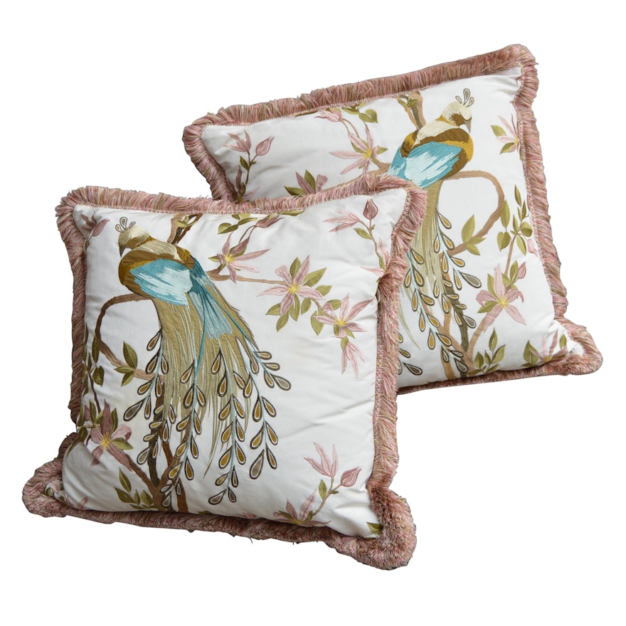 Custom Down-Filled Silk Pillows with Appliqued Peacocks and Foliage