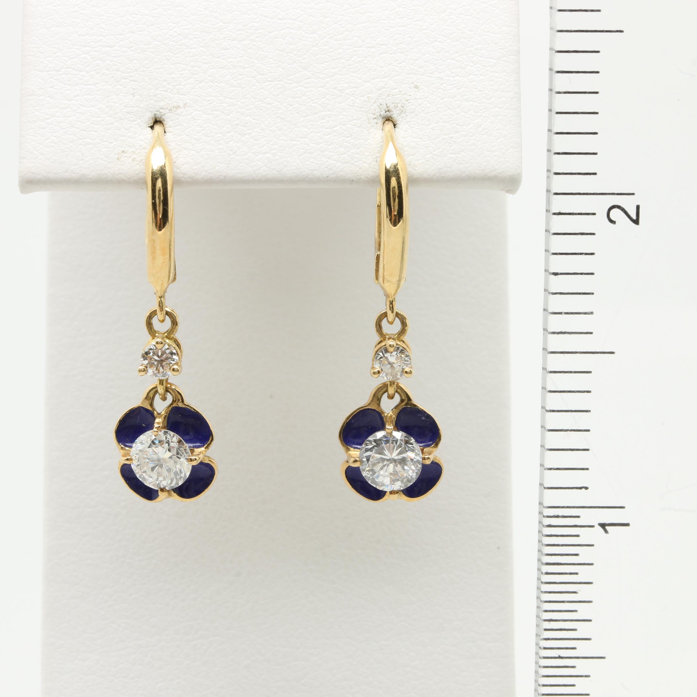 18K Yellow Gold 1.14 CTW Diamond and Enamel Earrings