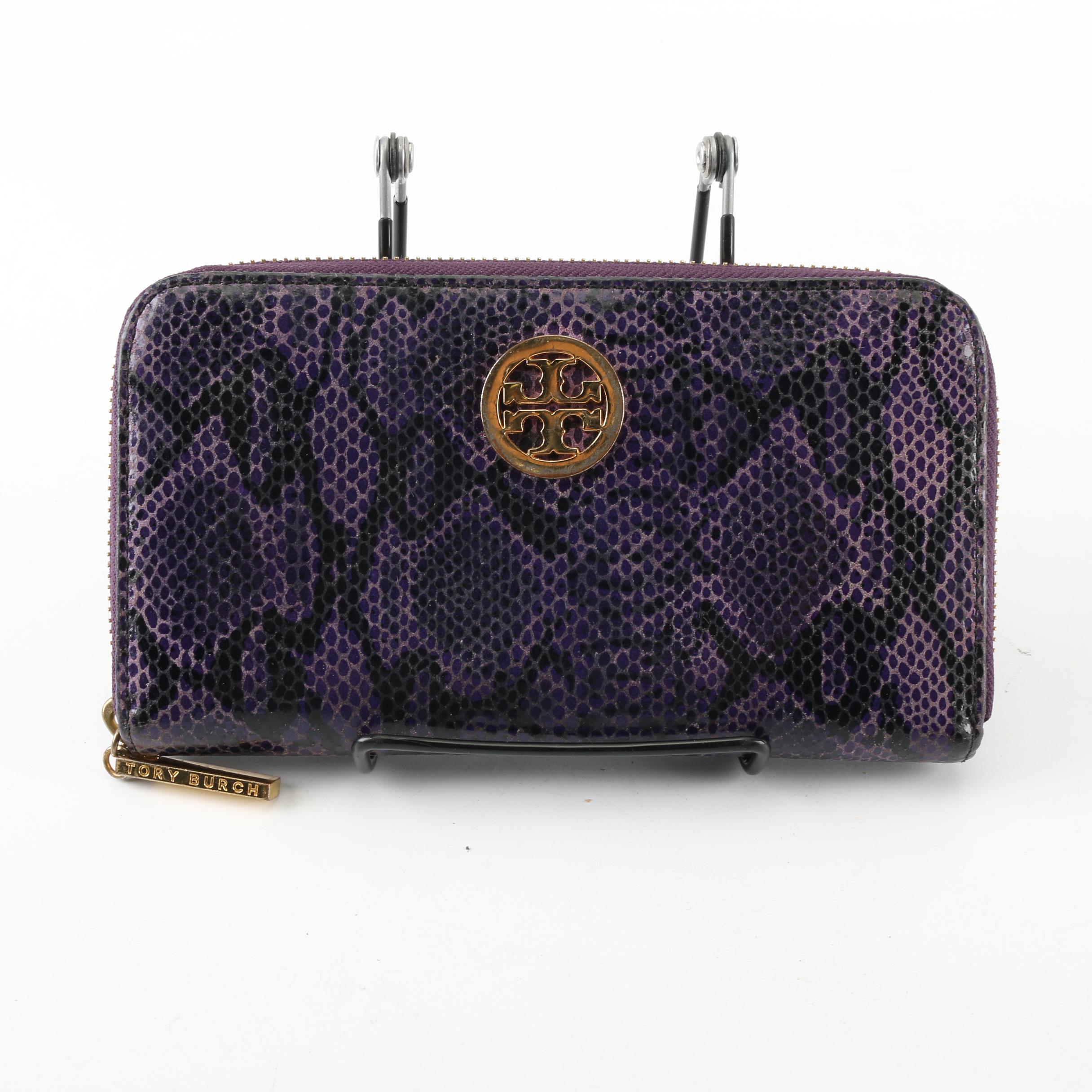 Tory Burch Purple and Black Snakeskin Embossed Leather Wallet