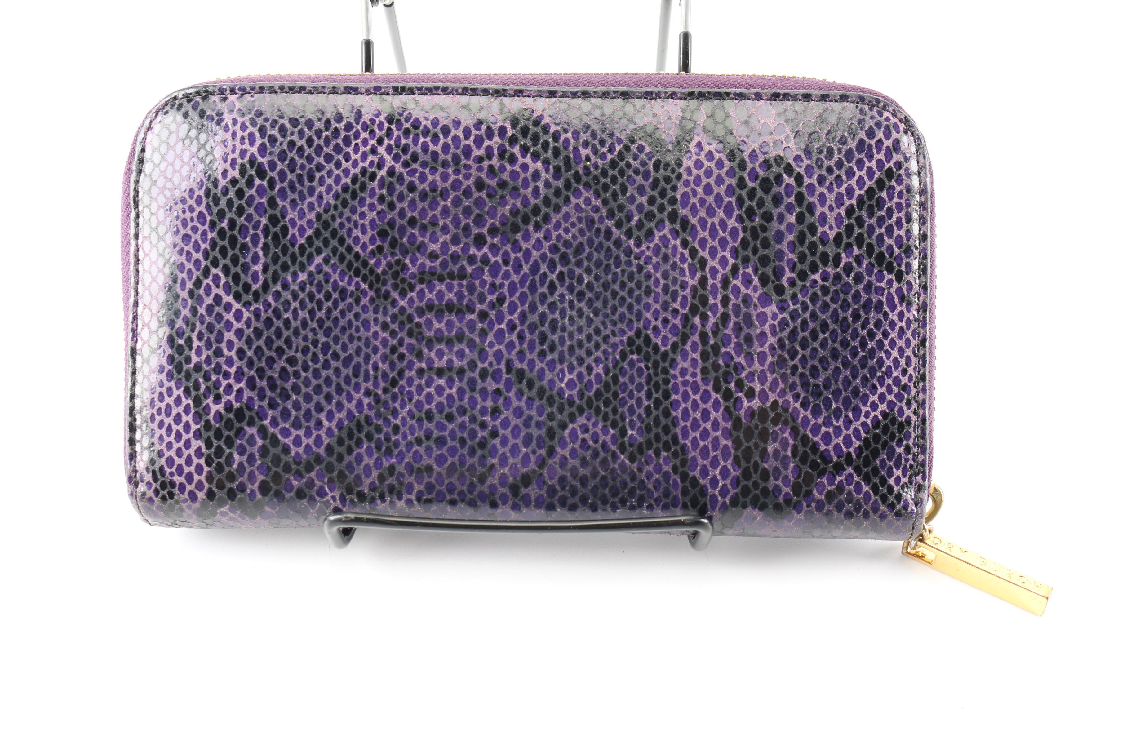 Tory Burch Purple and Black Snakeskin Embossed Leather Wallet