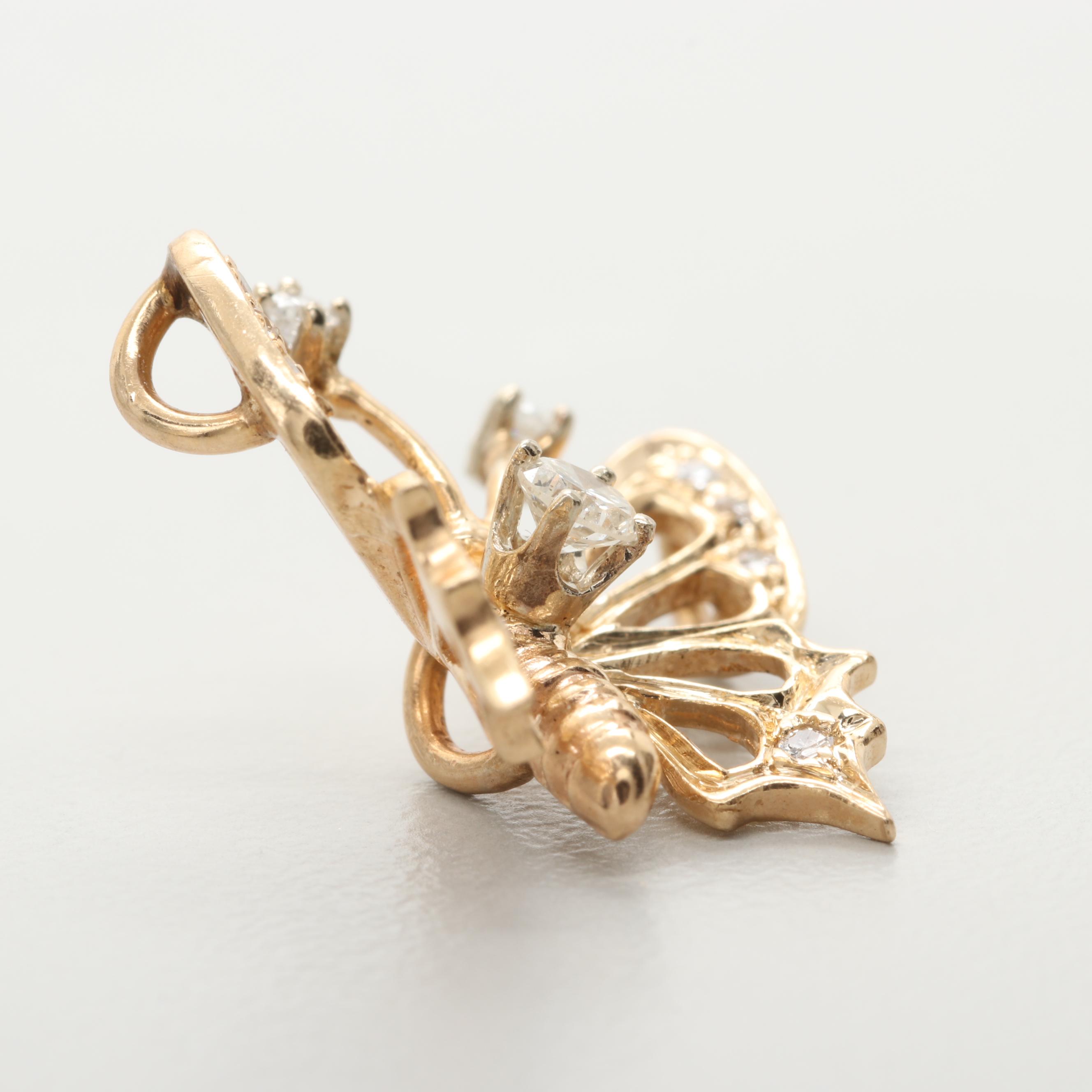 14K Yellow Gold Diamond Butterfly Pendant