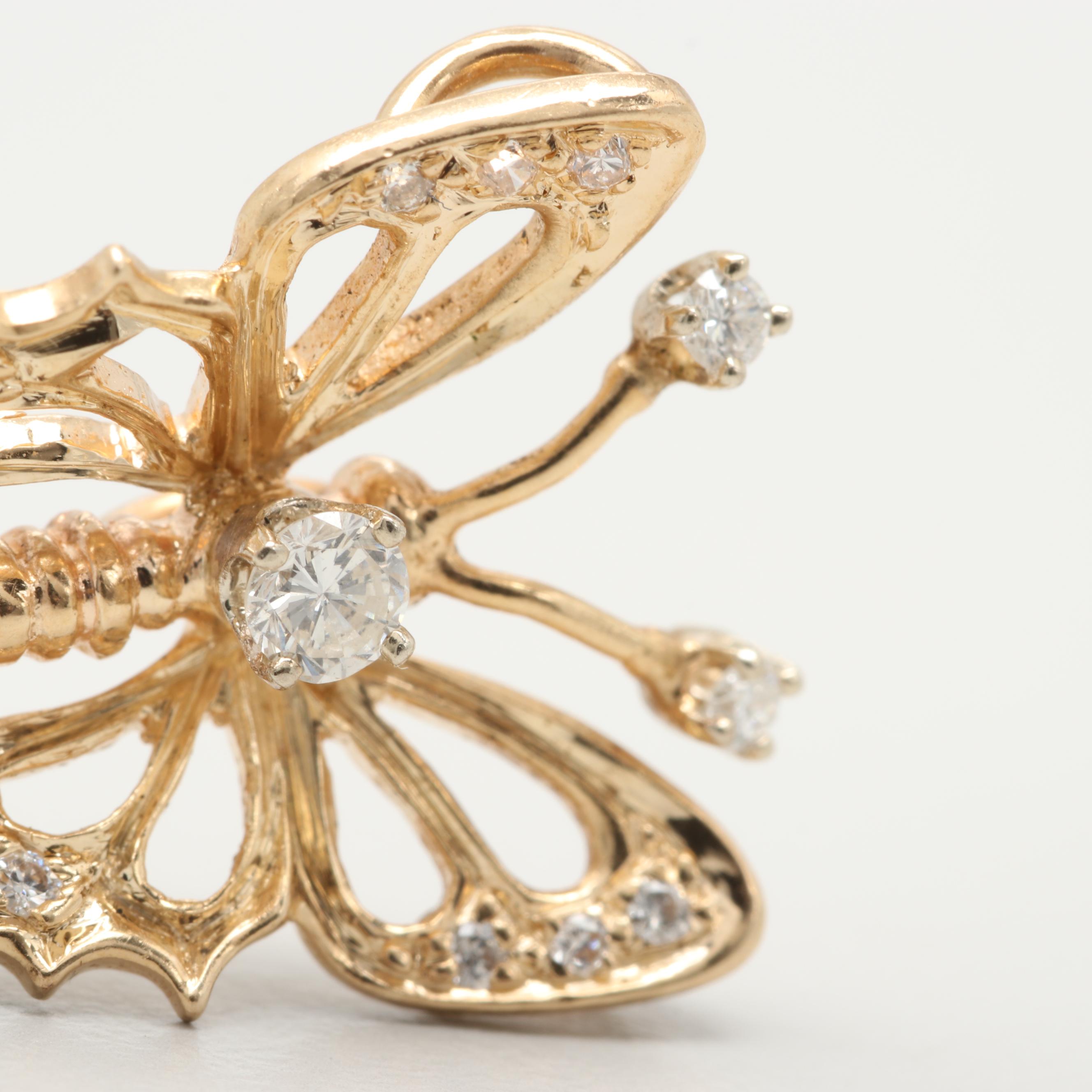 14K Yellow Gold Diamond Butterfly Pendant