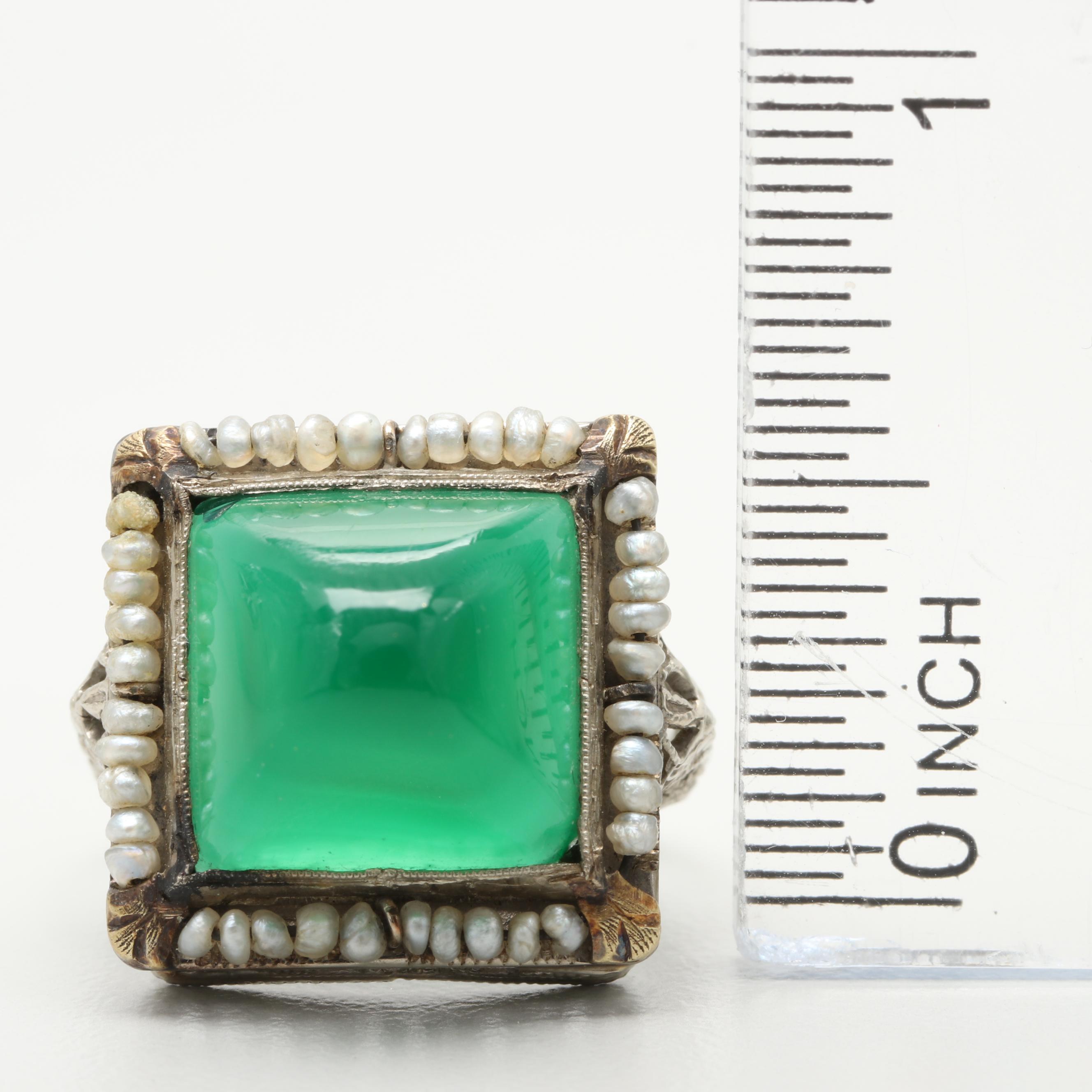 Art Deco 14K White Gold Chalcedony and Seed Pearl Ring