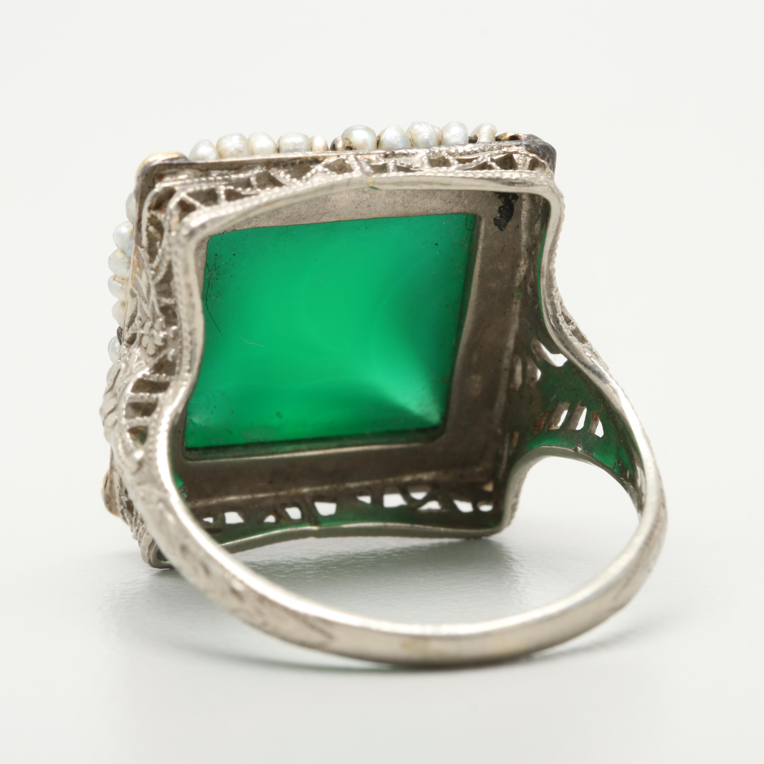 Art Deco 14K White Gold Chalcedony and Seed Pearl Ring