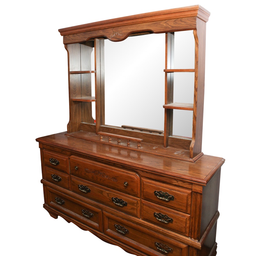 Vintage Oak Dresser with Mirrored Hutch