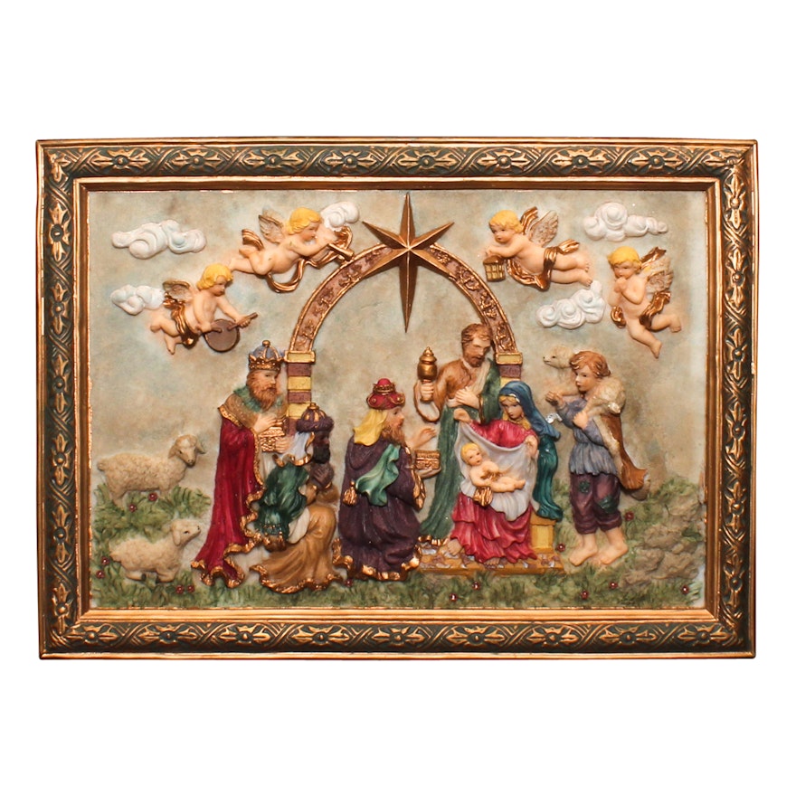 Vintage Carved Nativity Scene Wall Plaque