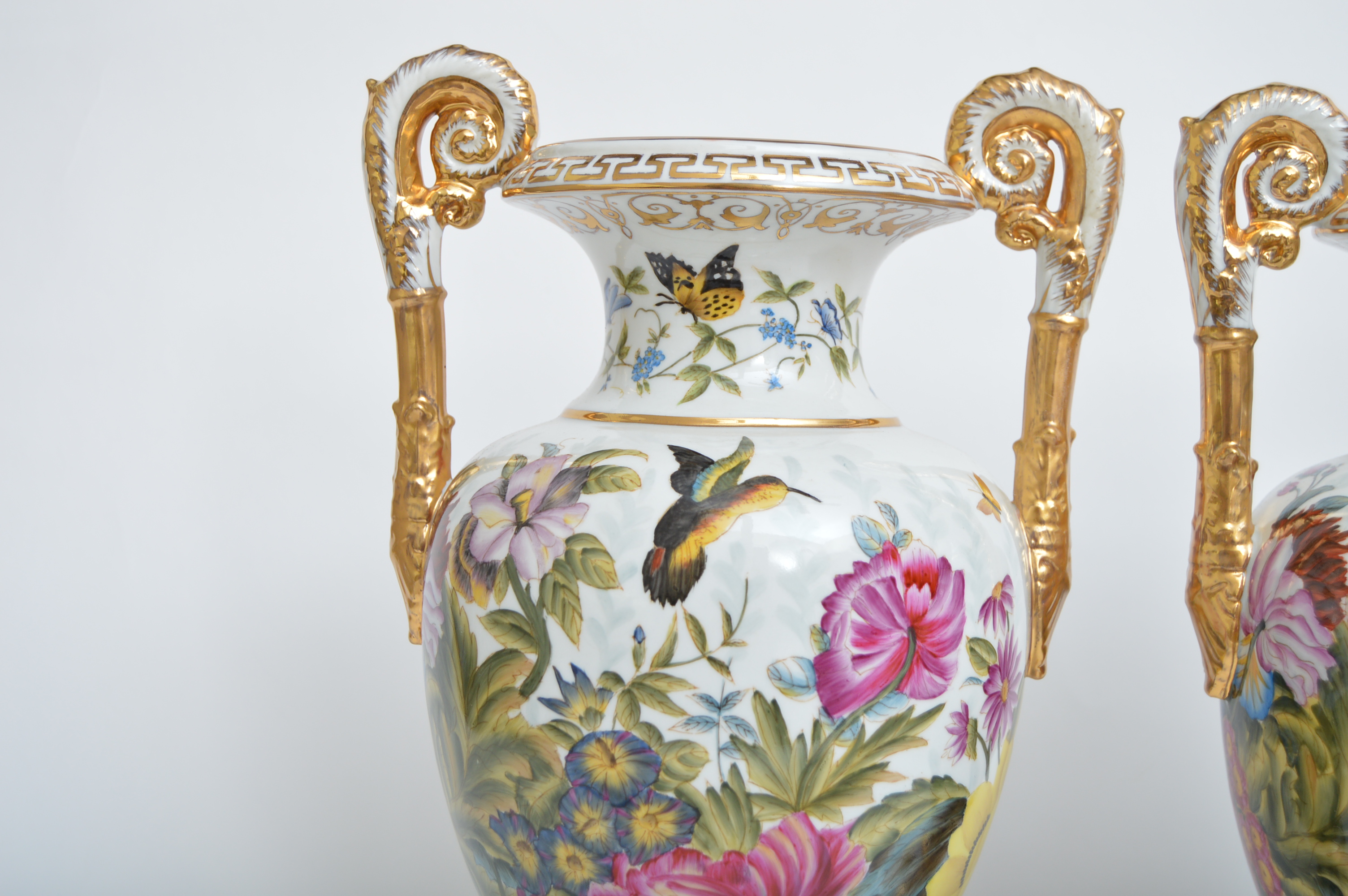 Pair of Chelsea House Old Paris Style Floral-Decorated Porcelain Urns