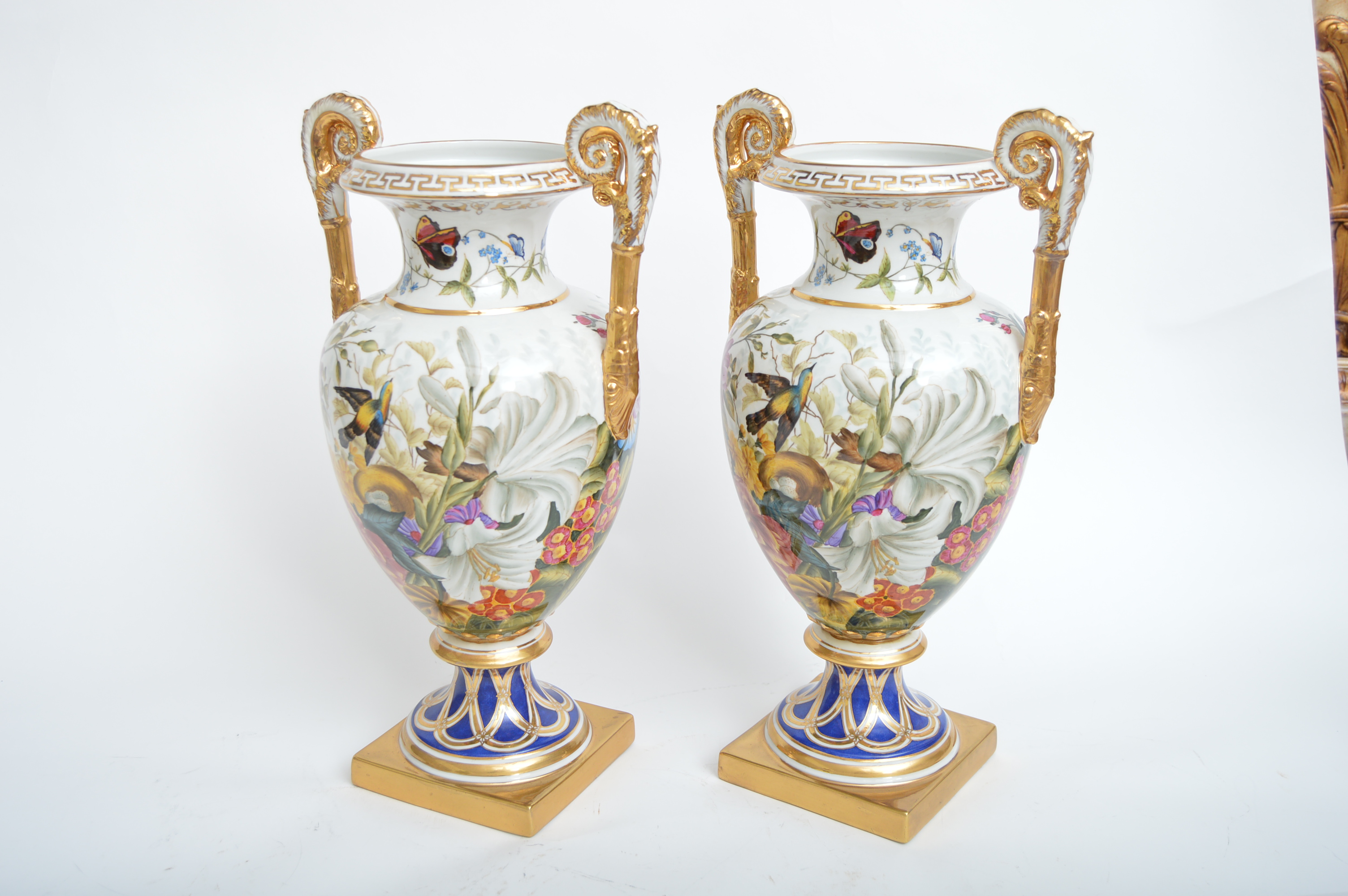 Pair of Chelsea House Old Paris Style Floral-Decorated Porcelain Urns