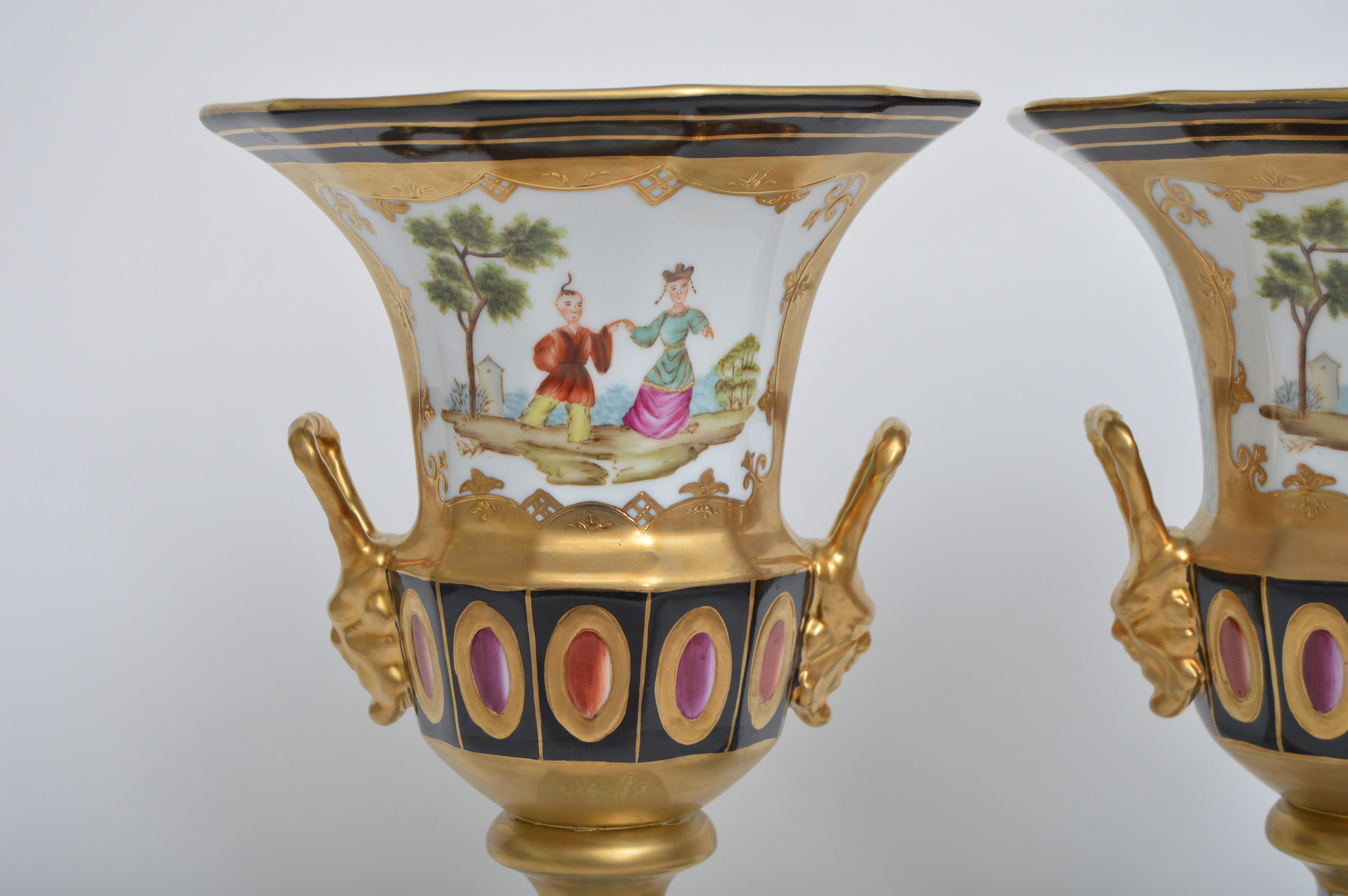 Pair of Chelsea House Old Paris Style Chinoiserie Decorated Porcelain Urns