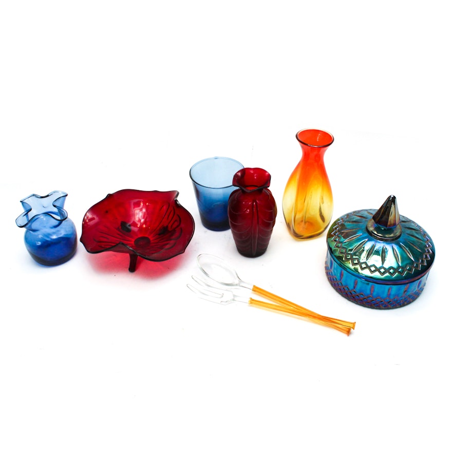 Amberina Vase and Colored Glass Tableware