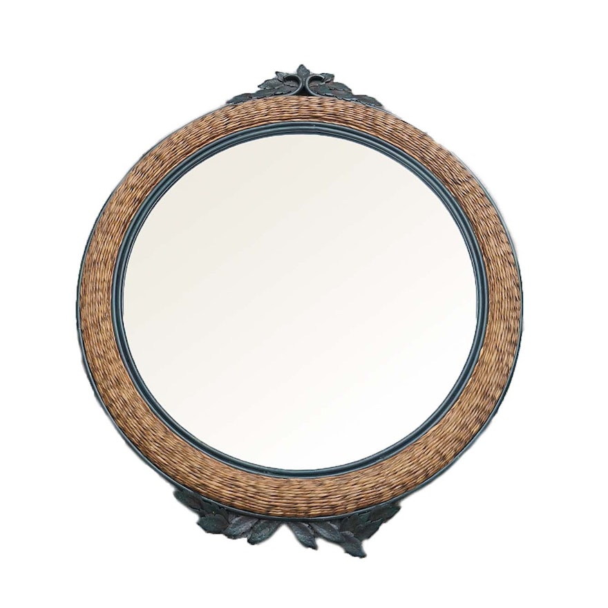 Round Metal Framed Twisted Rattan Wall Mirror with Foliate Motifs