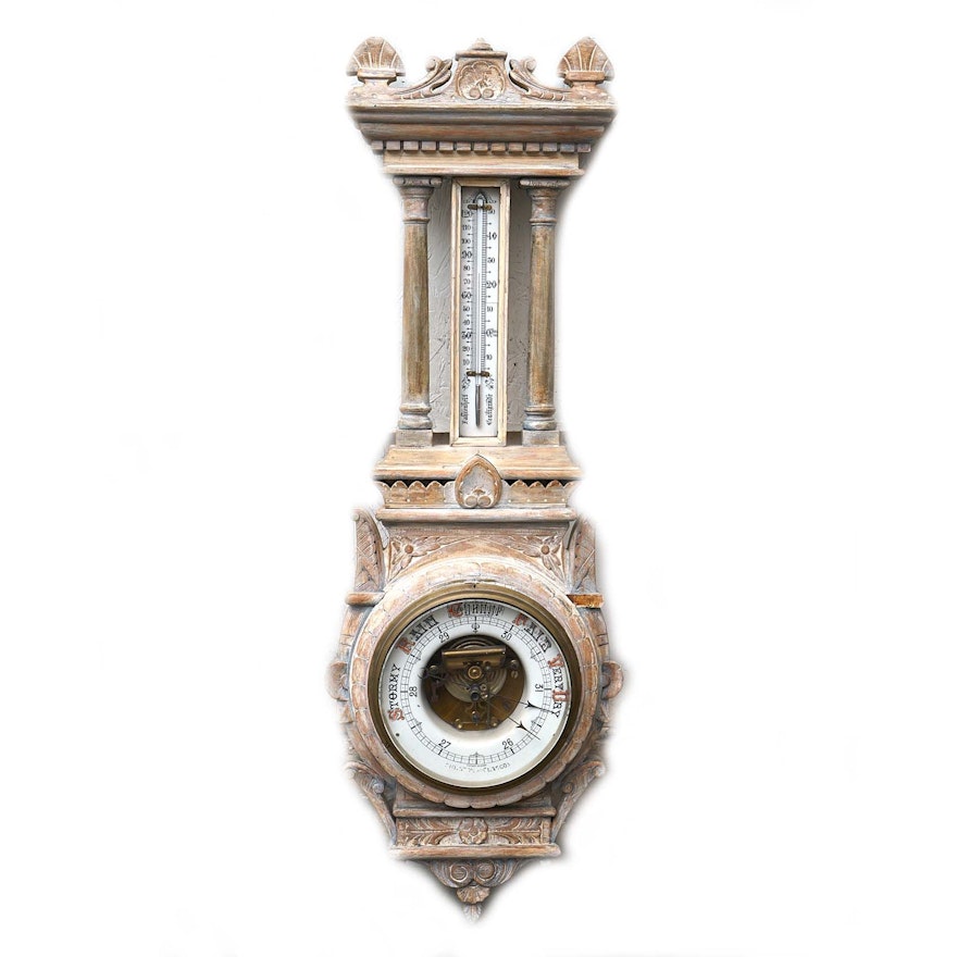 Antique Carved Wood Aneroid Barometer ca. 1885