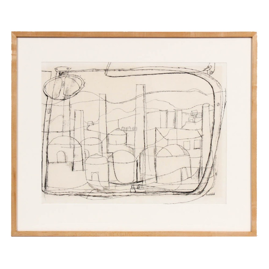 Donald Roberts 1954 Charcoal Drawing on Paper "Haydenville Kilns"