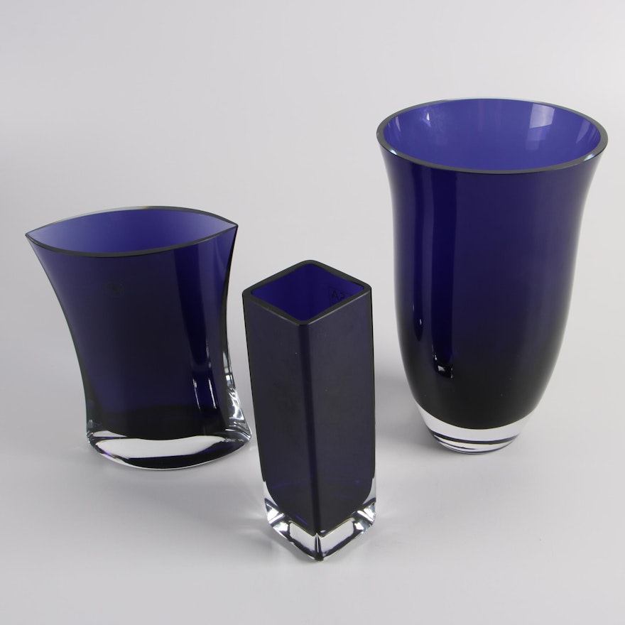 Polish LSA and Bombay Hand Blown Glass Cobalt Vases