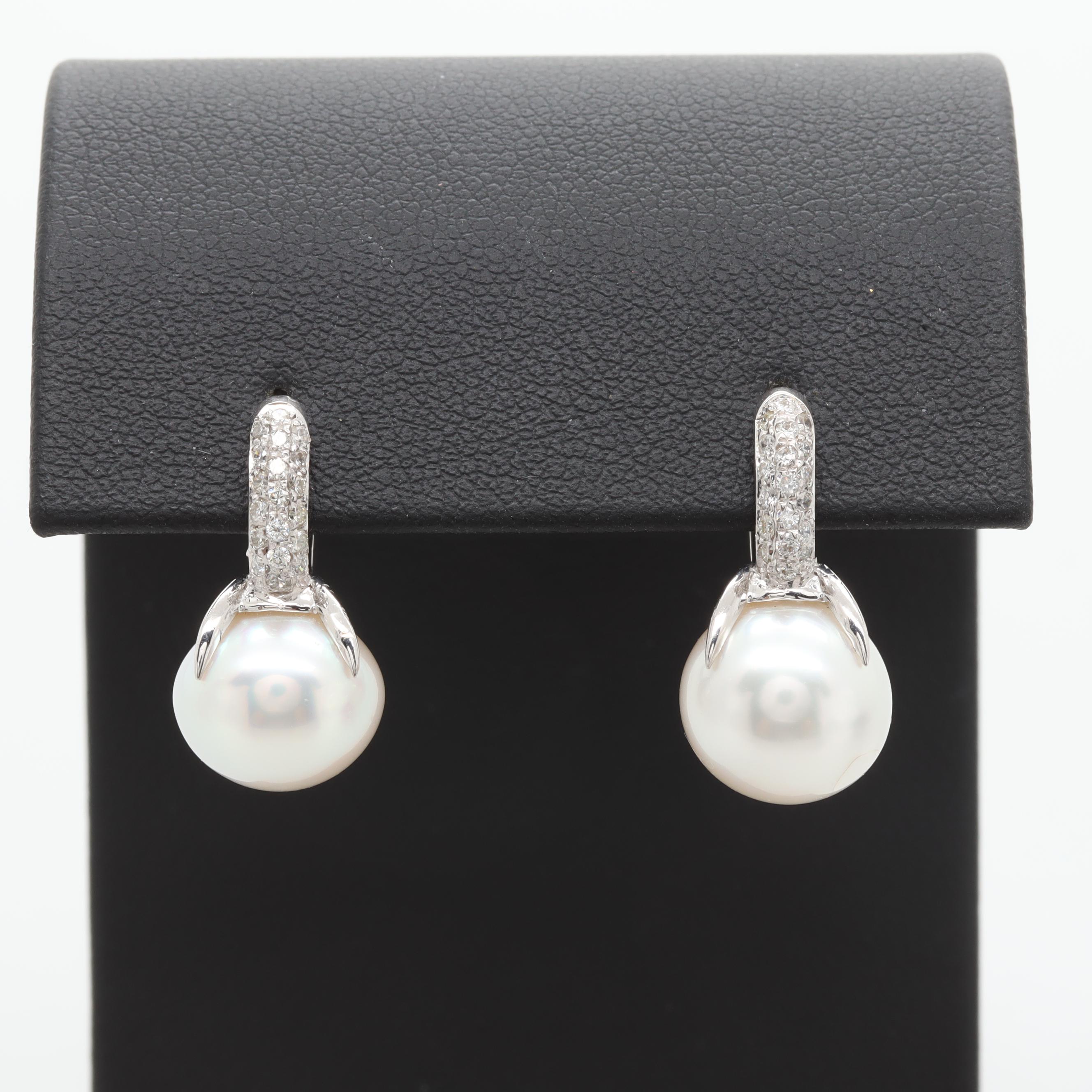 18K White Gold Cultured Pearl and Diamond C-Hoops