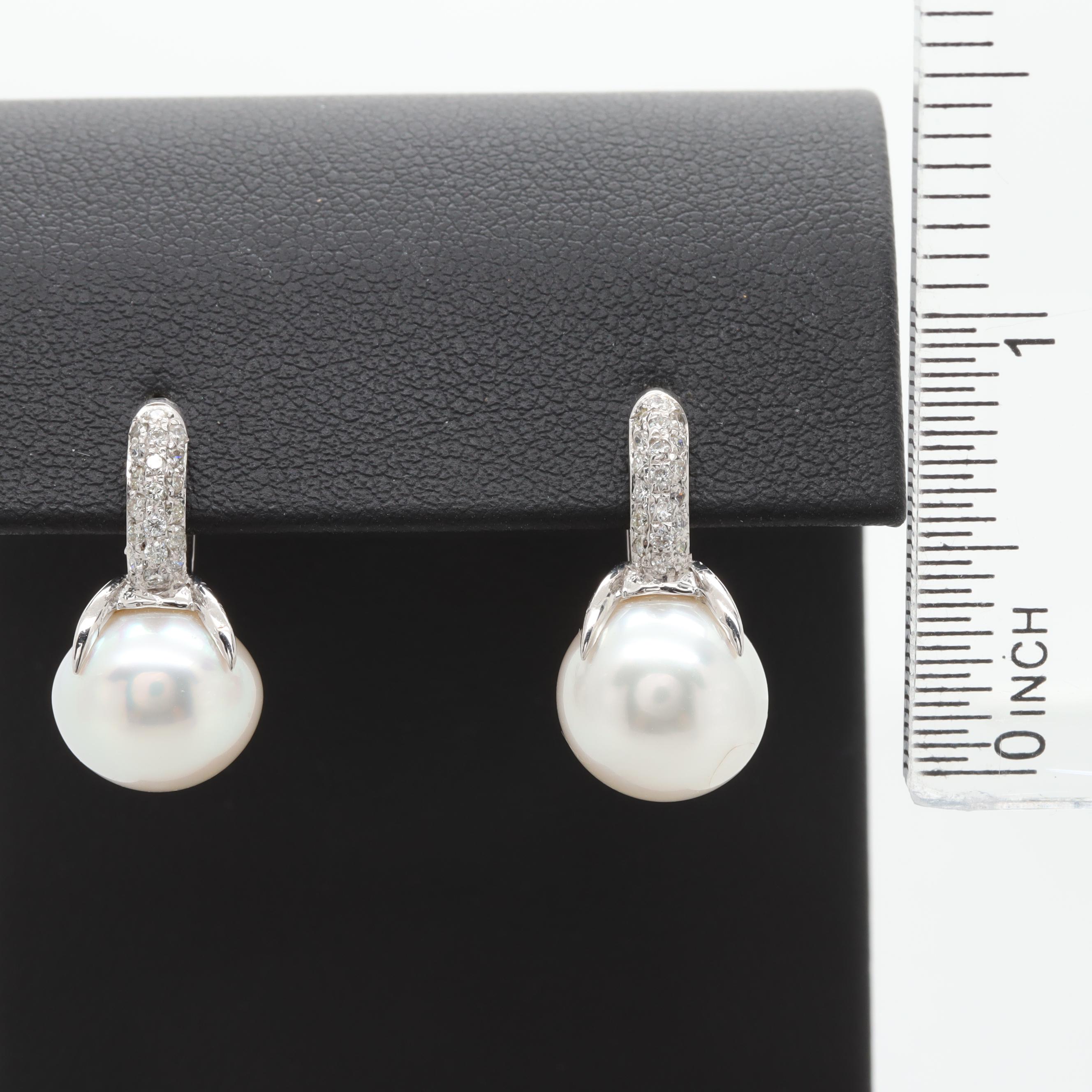18K White Gold Cultured Pearl and Diamond C-Hoops