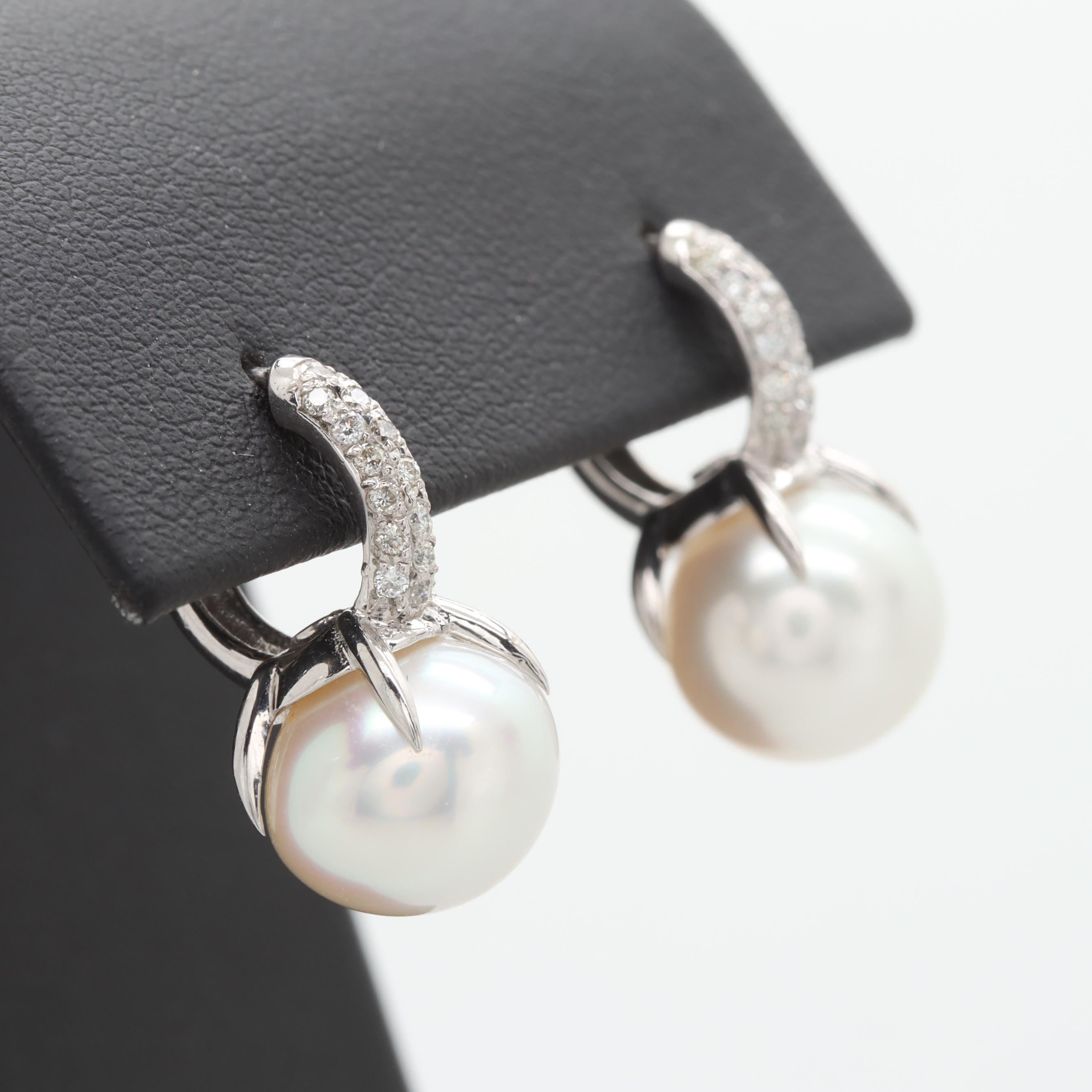 18K White Gold Cultured Pearl and Diamond C-Hoops