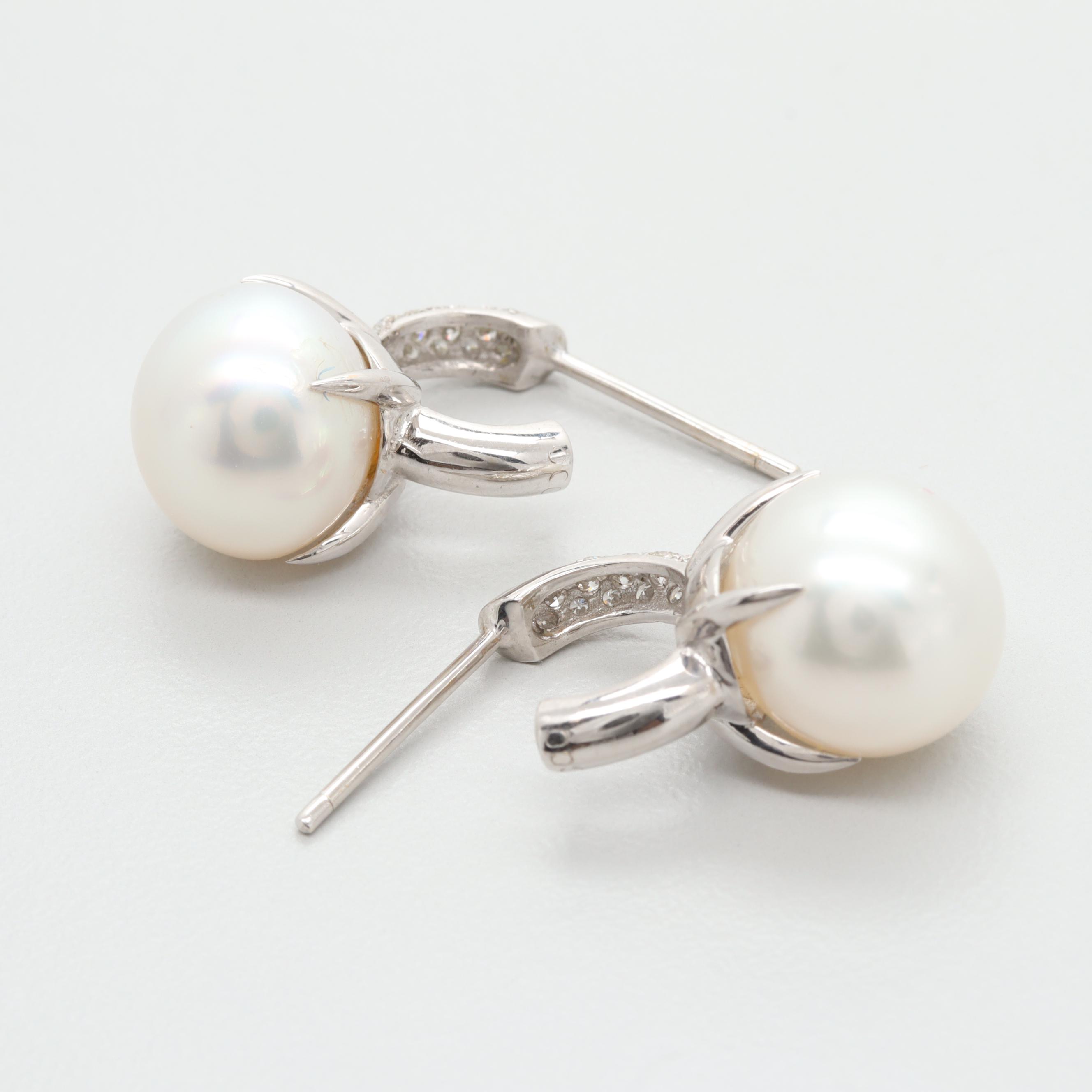 18K White Gold Cultured Pearl and Diamond C-Hoops
