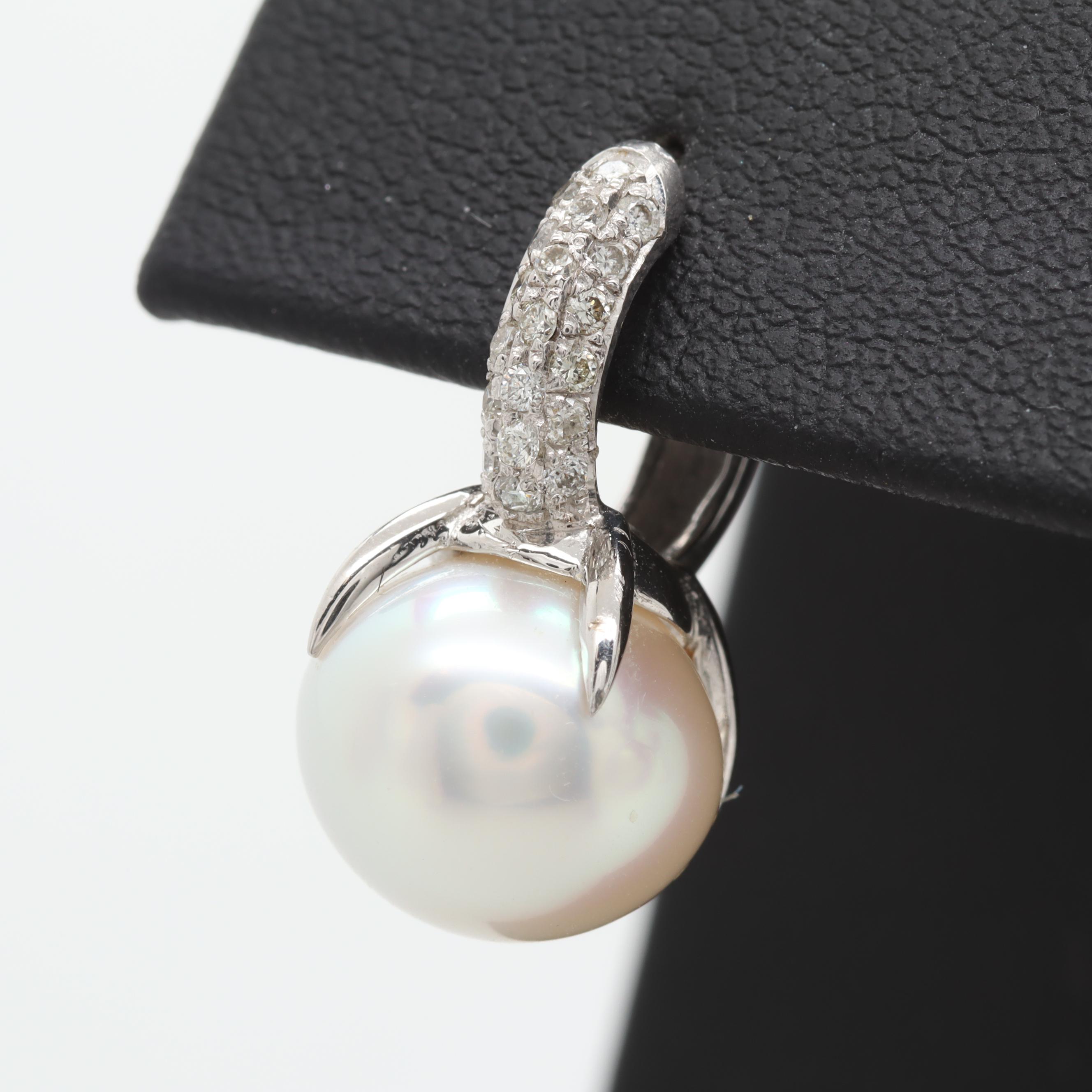 18K White Gold Cultured Pearl and Diamond C-Hoops
