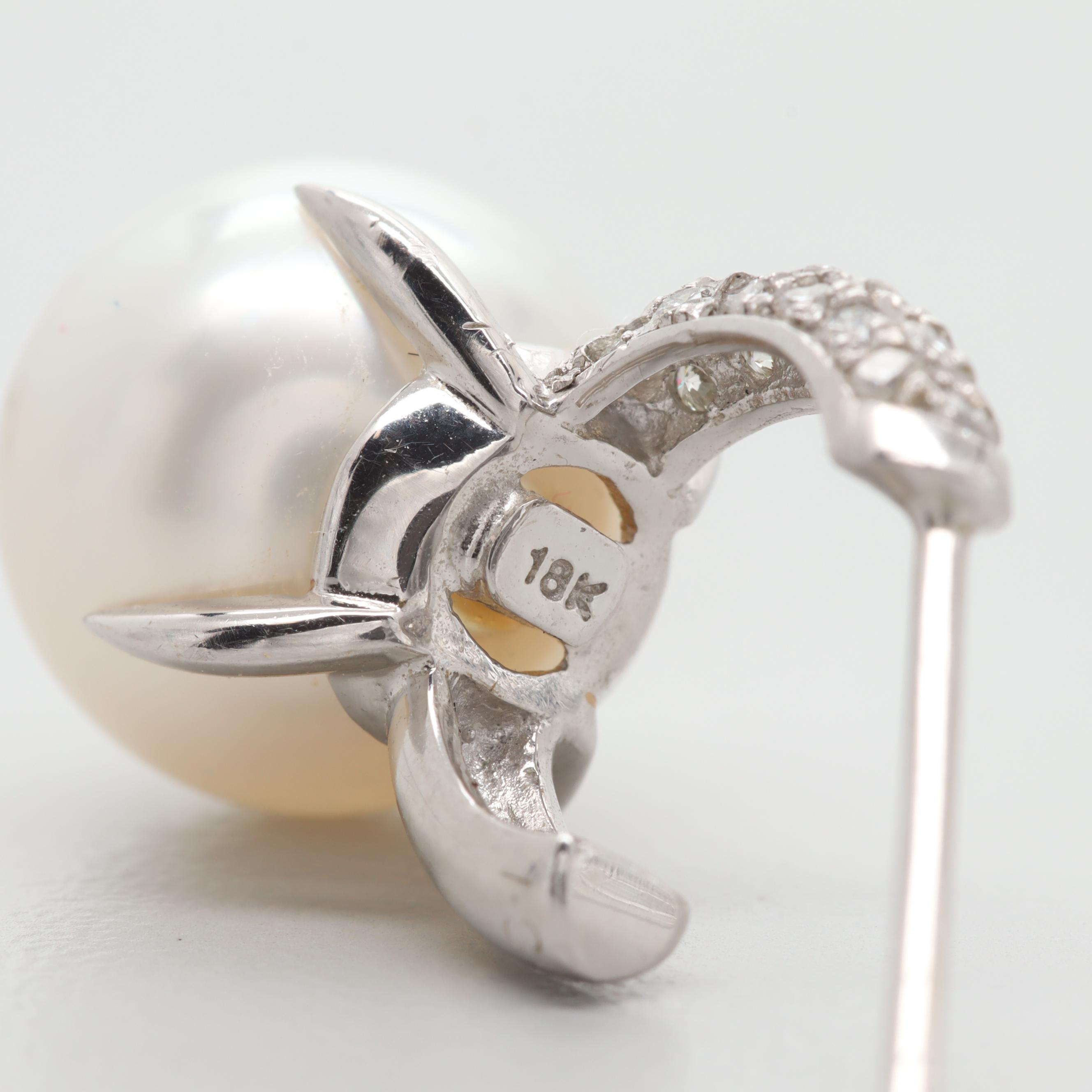 18K White Gold Cultured Pearl and Diamond C-Hoops