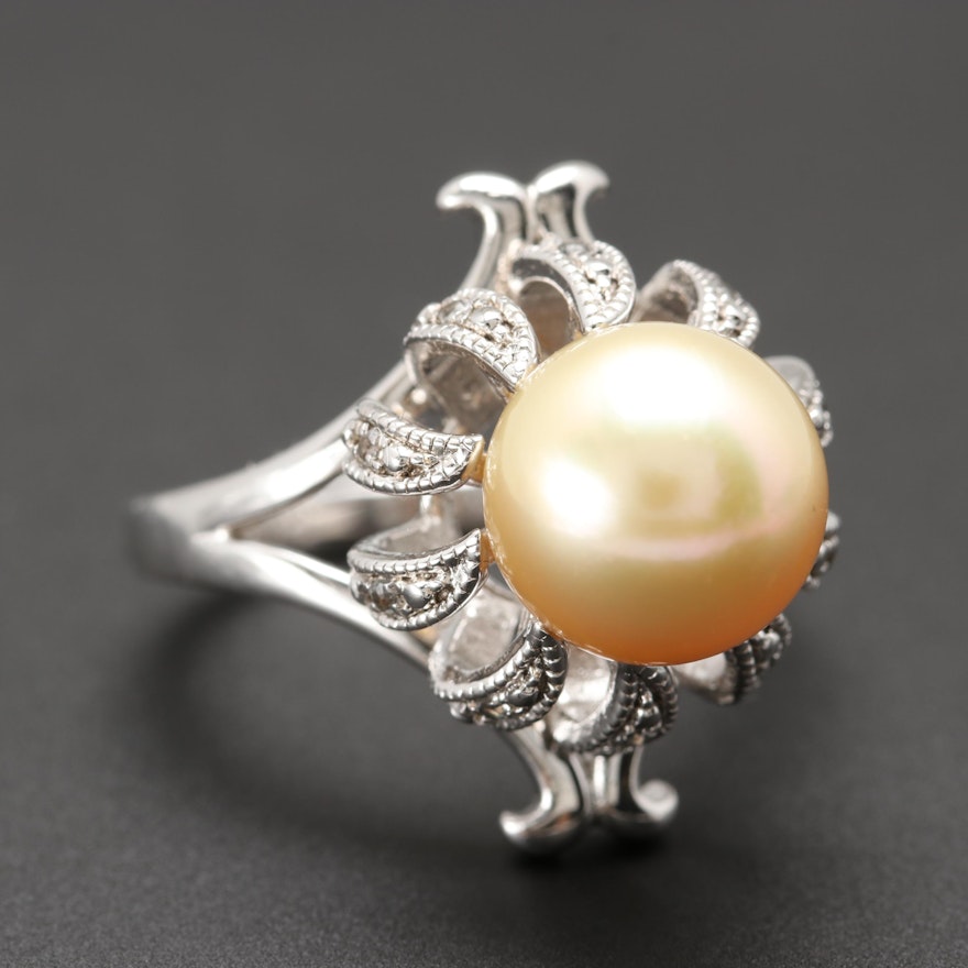 Sterling Silver Cultured Pearl and White Sapphire Ring