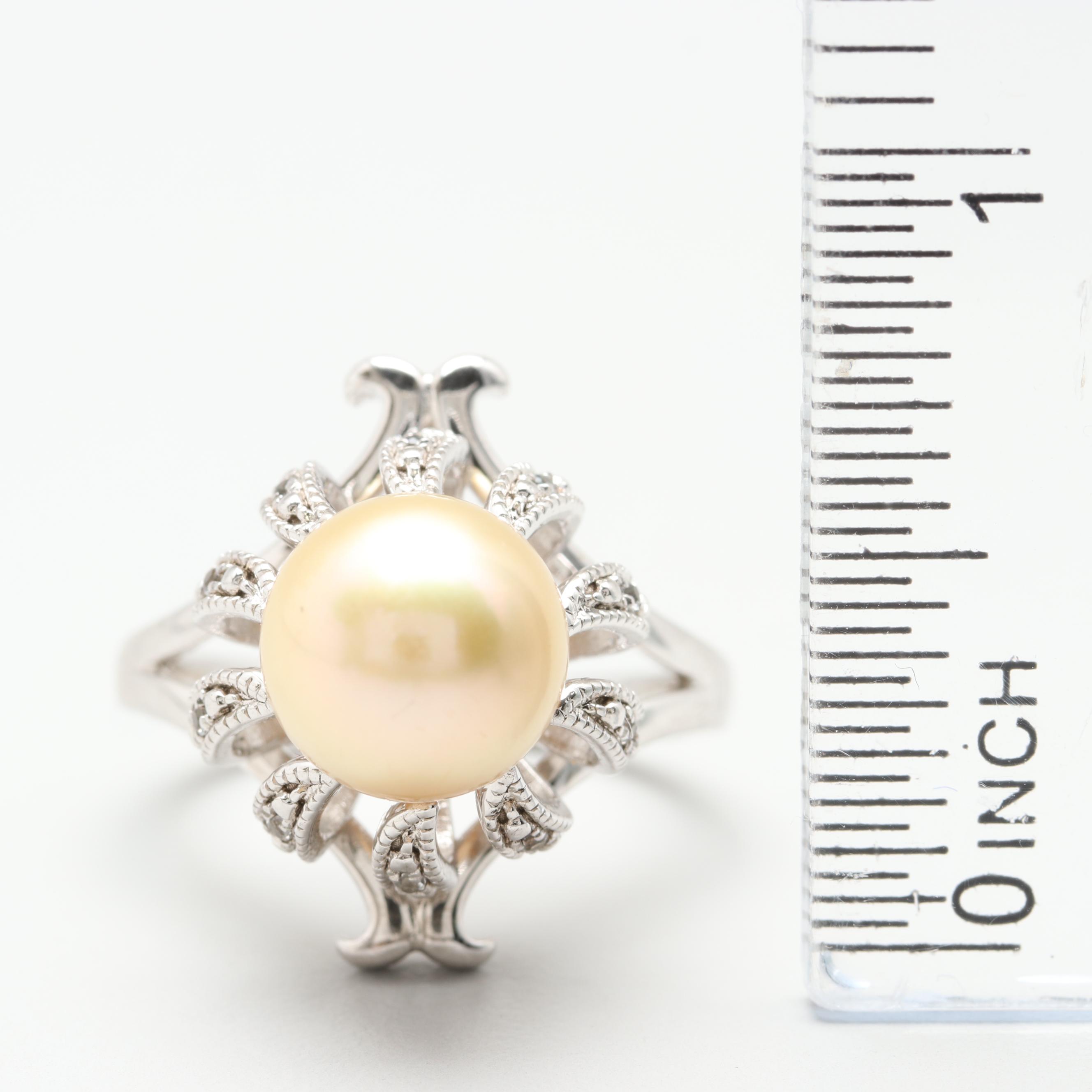 Sterling Silver Cultured Pearl and White Sapphire Ring