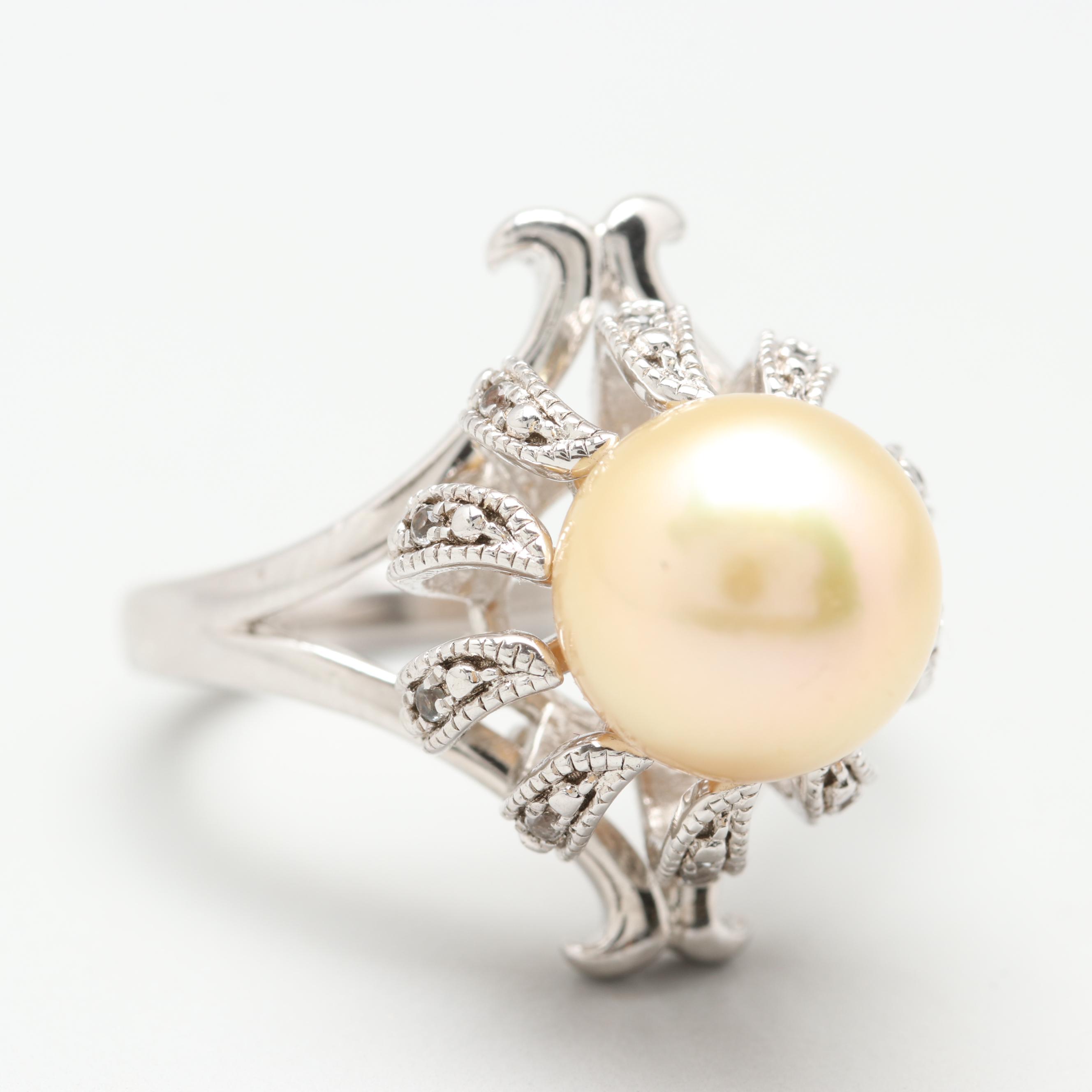 Sterling Silver Cultured Pearl and White Sapphire Ring