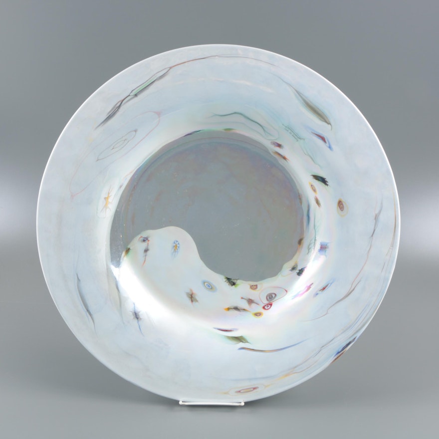 Iridescent White to Clear Blown Glass Centerpiece Bowl