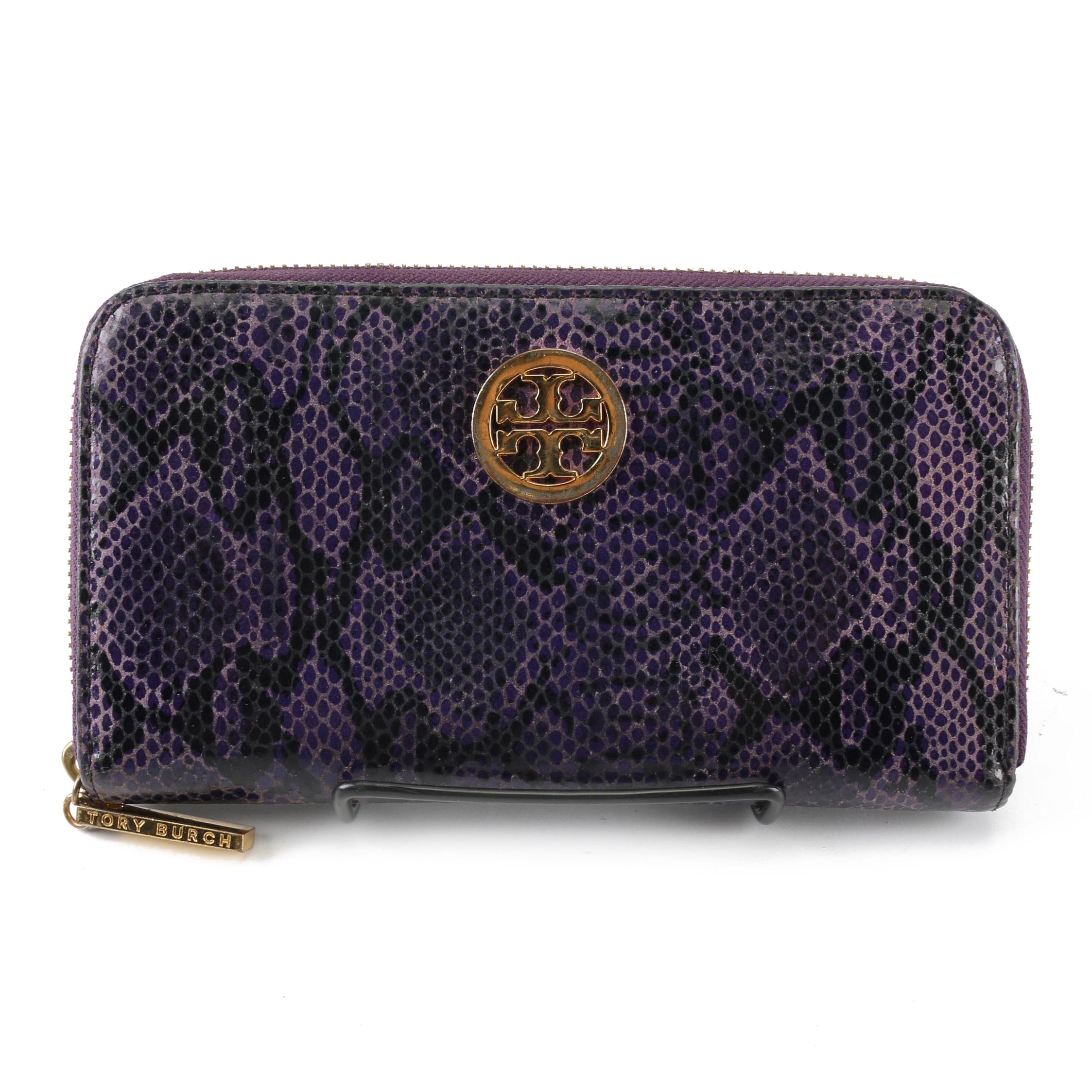 Tory Burch Purple and Black Snakeskin Embossed Leather Wallet