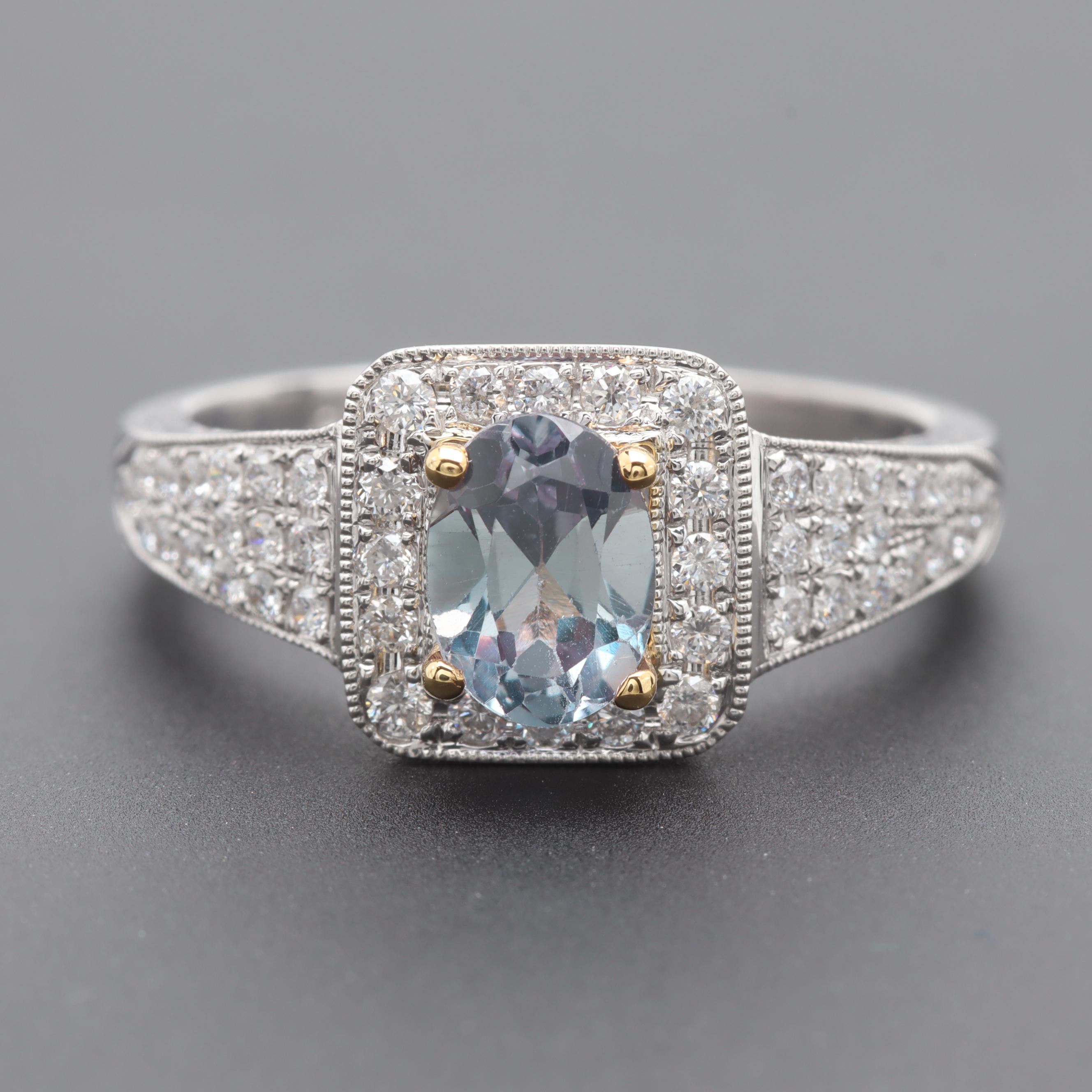 18K White Gold Synthetic Color Changing Sapphire and Diamond Ring