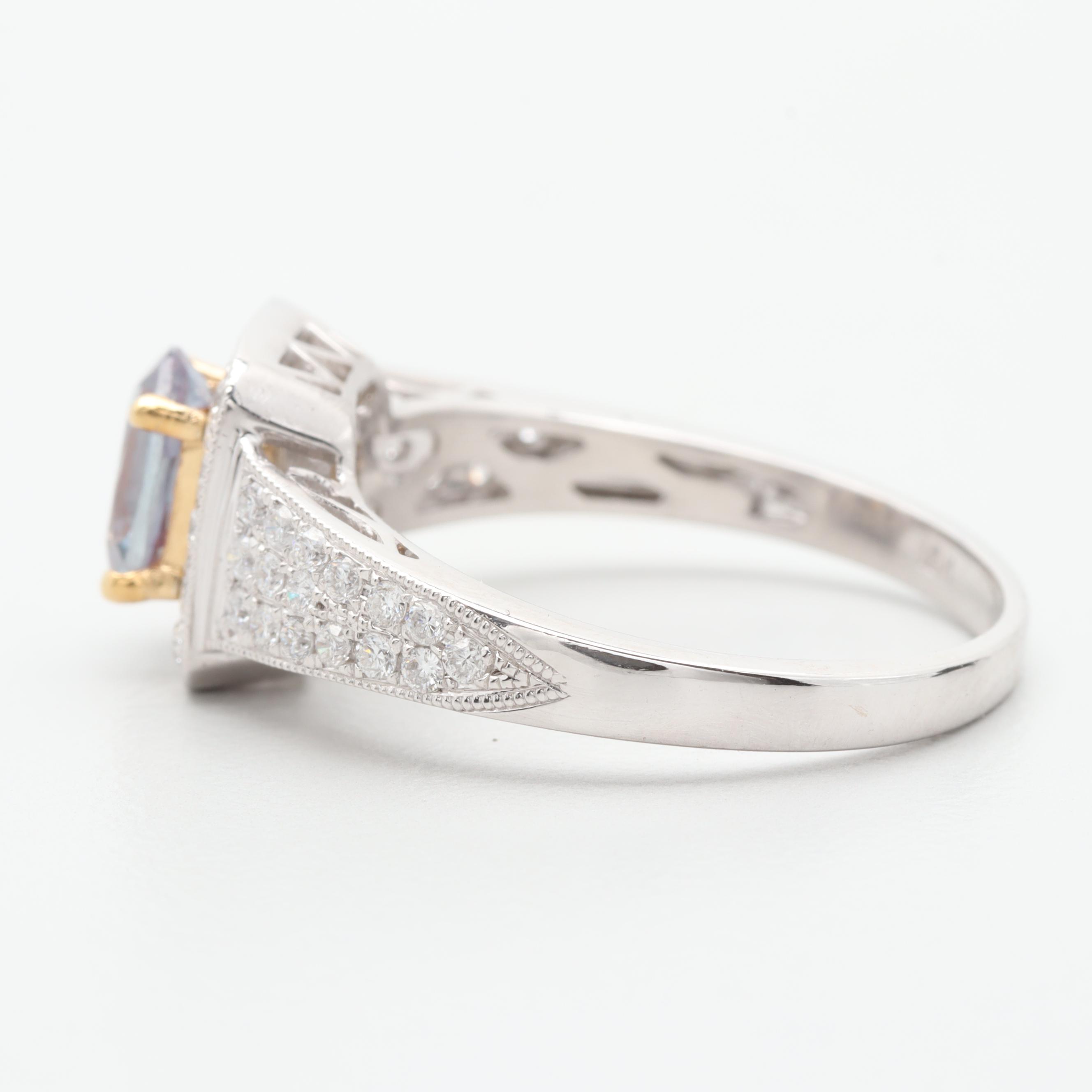 18K White Gold Synthetic Color Changing Sapphire and Diamond Ring