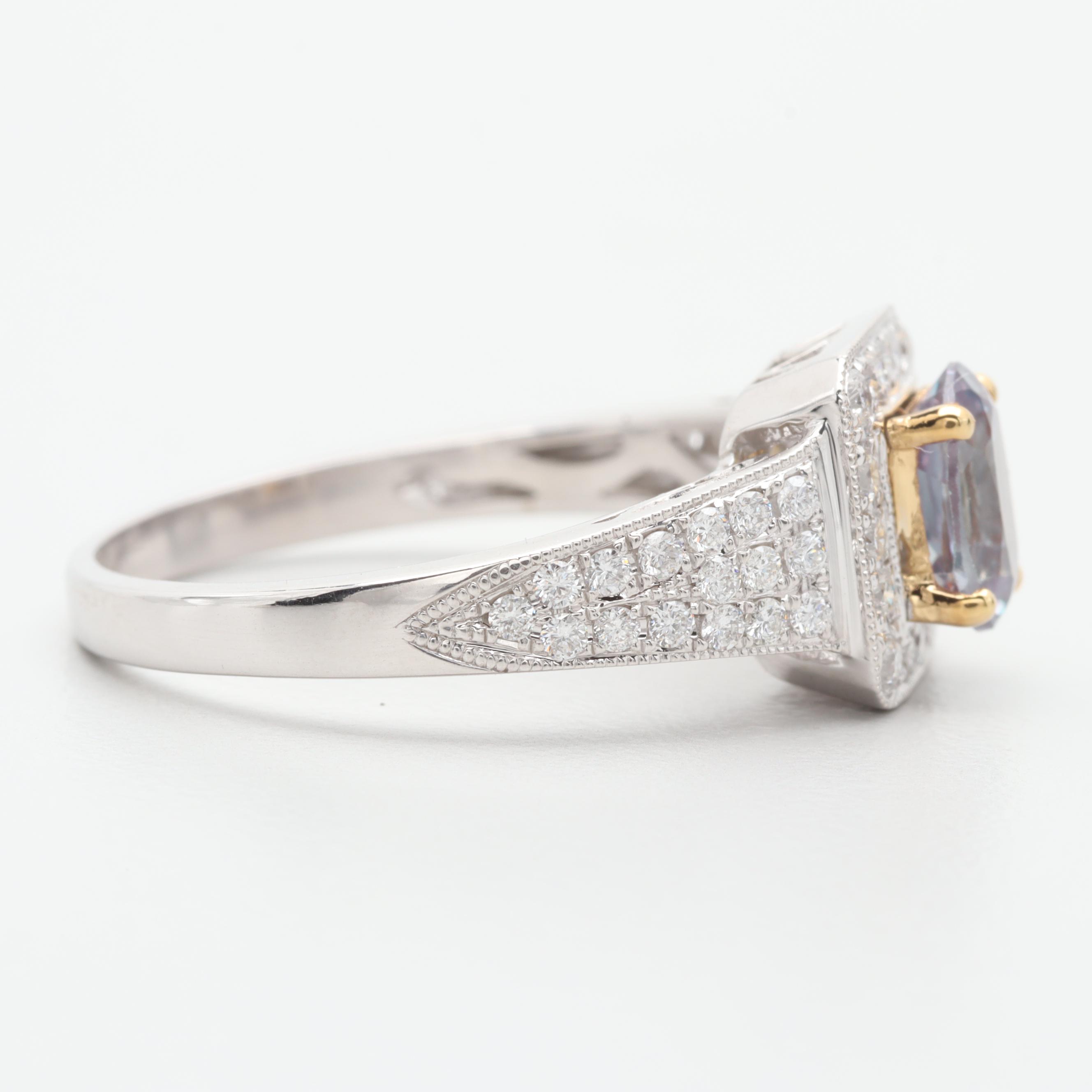 18K White Gold Synthetic Color Changing Sapphire and Diamond Ring