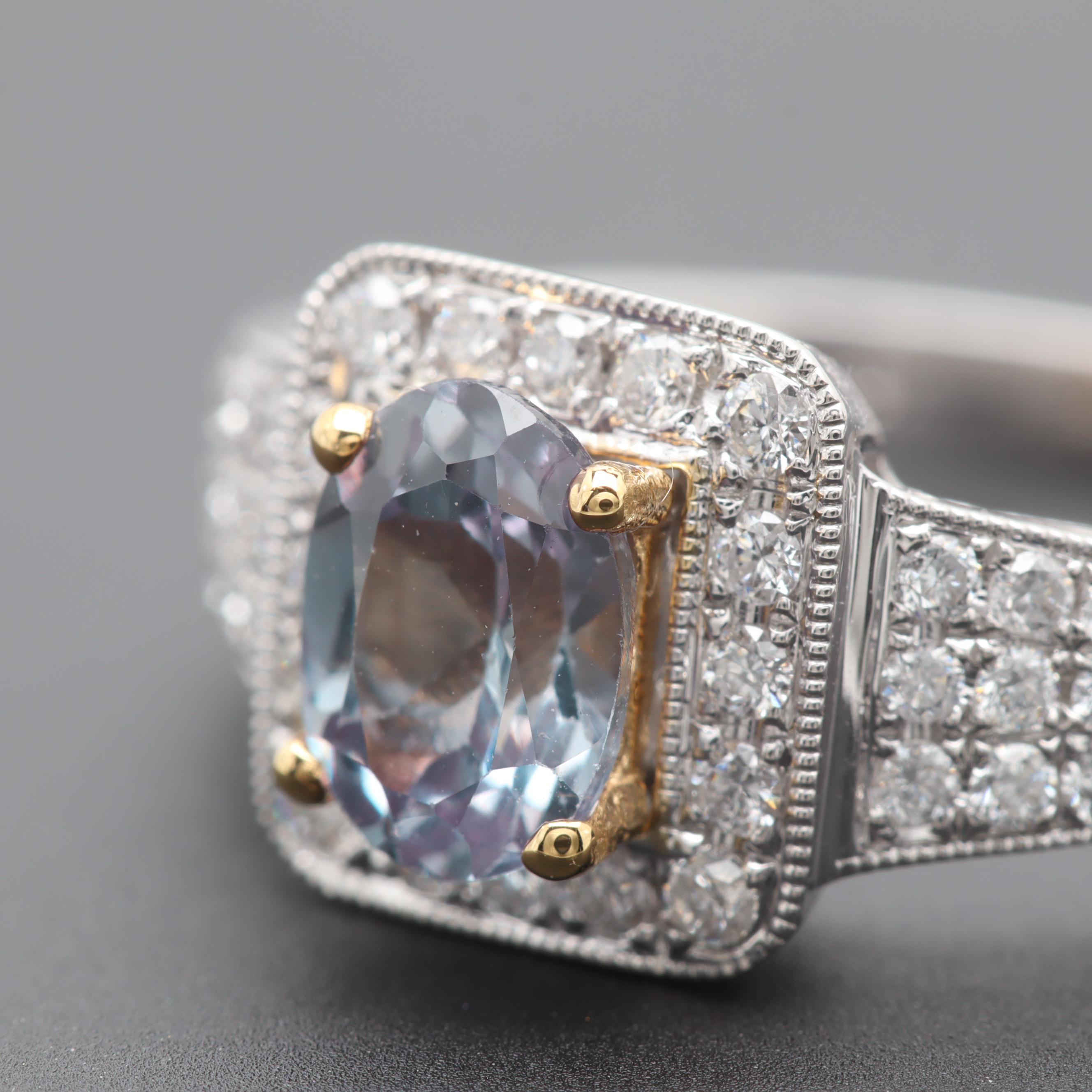 18K White Gold Synthetic Color Changing Sapphire and Diamond Ring
