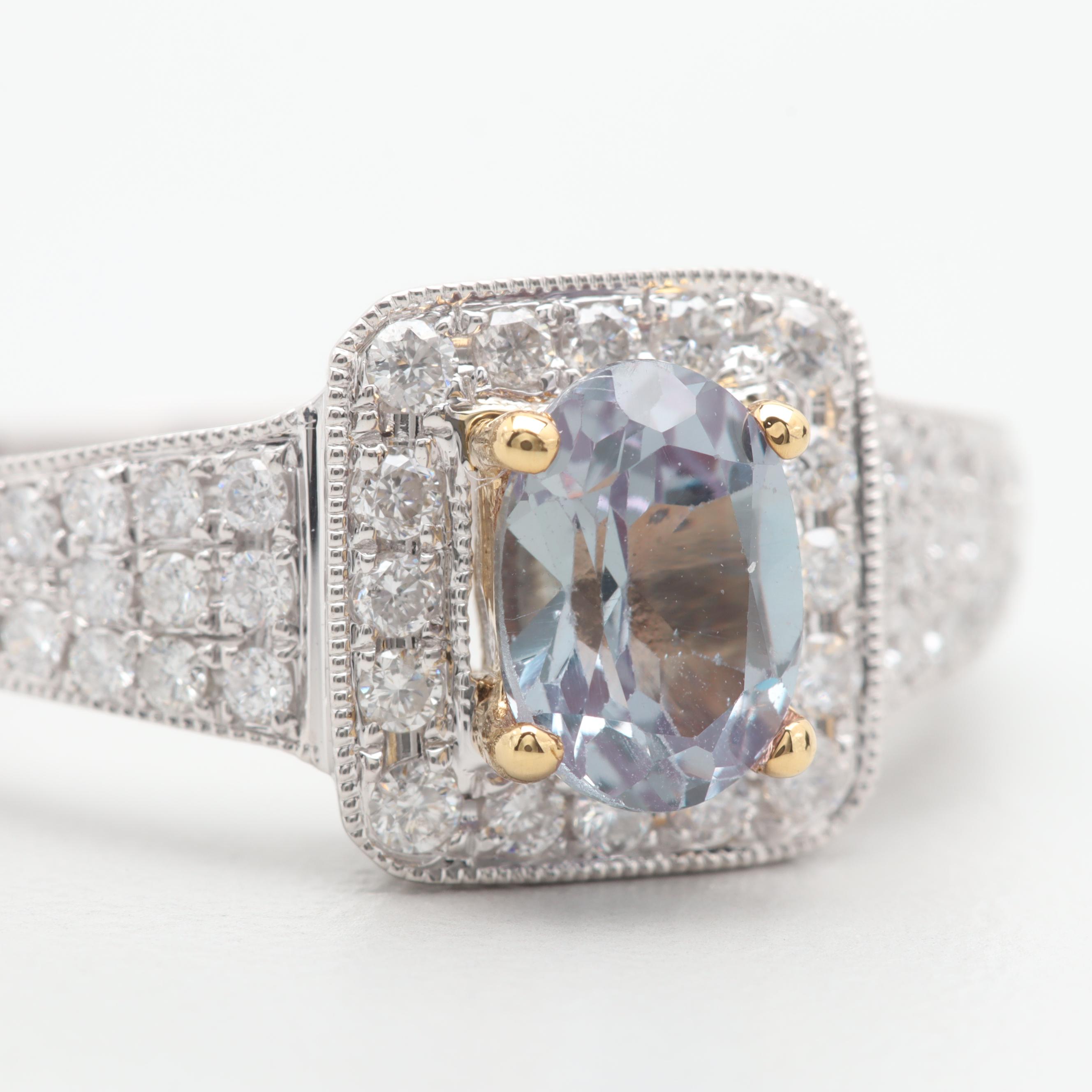 18K White Gold Synthetic Color Changing Sapphire and Diamond Ring