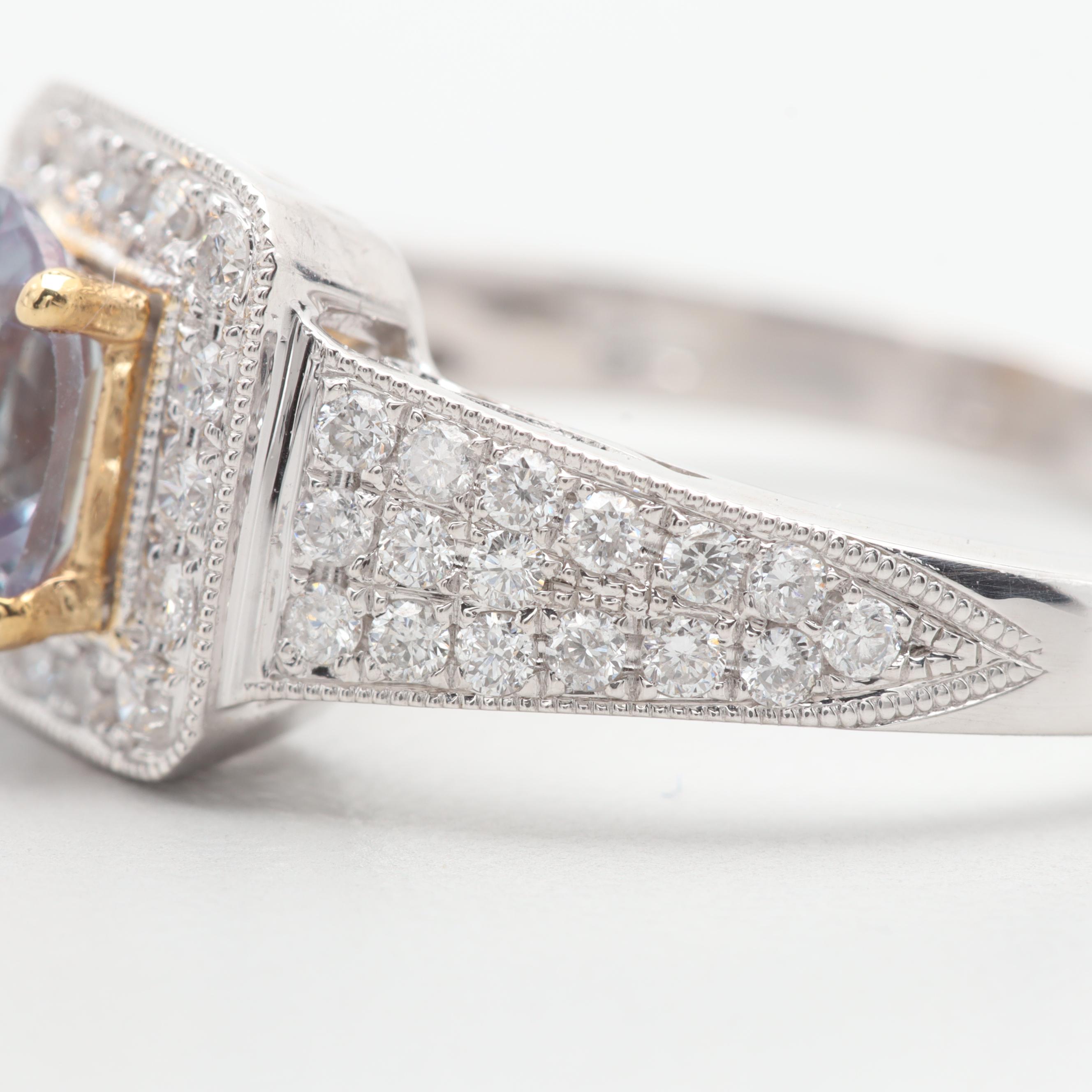 18K White Gold Synthetic Color Changing Sapphire and Diamond Ring